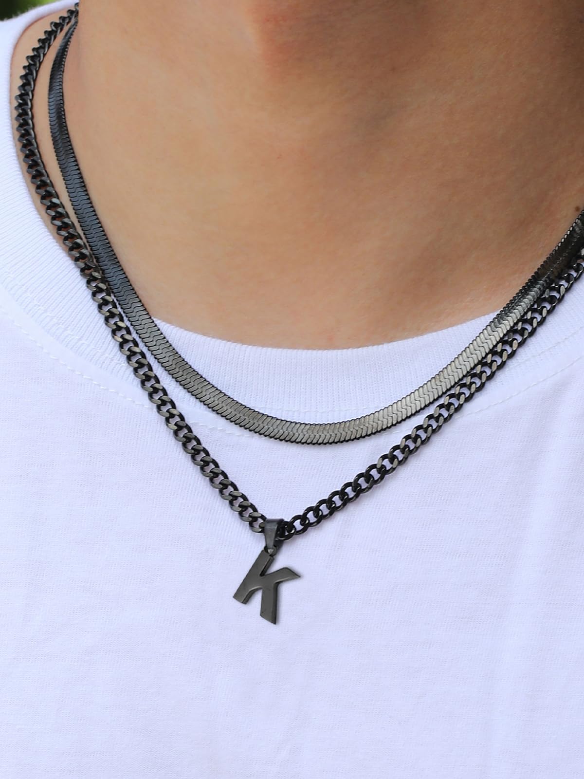 P.BLAKE Layered Initial O Pendant Necklace for Men, Stainless Steel Letter Cuban Link Herringbone Chain Jewelry Collar Cadenas P