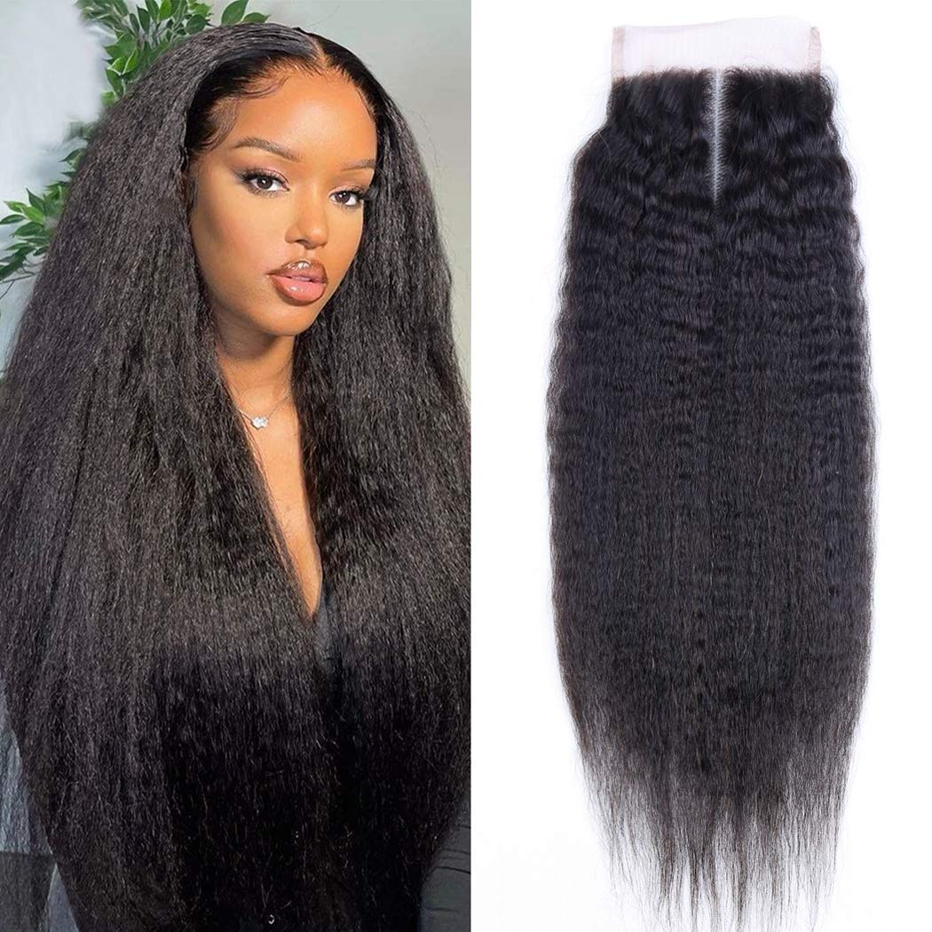 Odir 14 Inch Kinky Straight 4x4 Lace Closure 150% Density Brazilian Human Hair Hand Tied Swiss Lace Closure 9A Unprocessed Yaki 