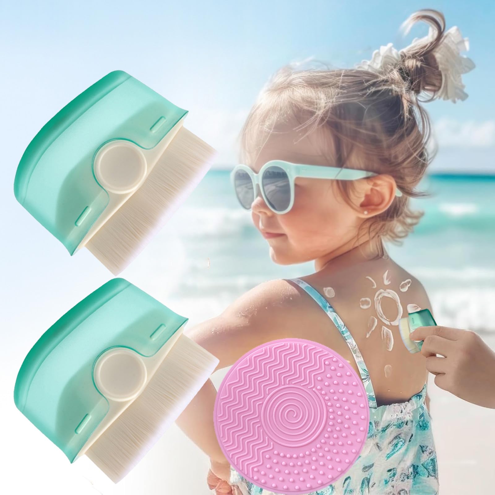 2 Pack Sunscreen Applicator for Kids, Sunscreen Brush Sunblock Brush Sun Lotion Applicator Makeup Brushes with Protective Caps