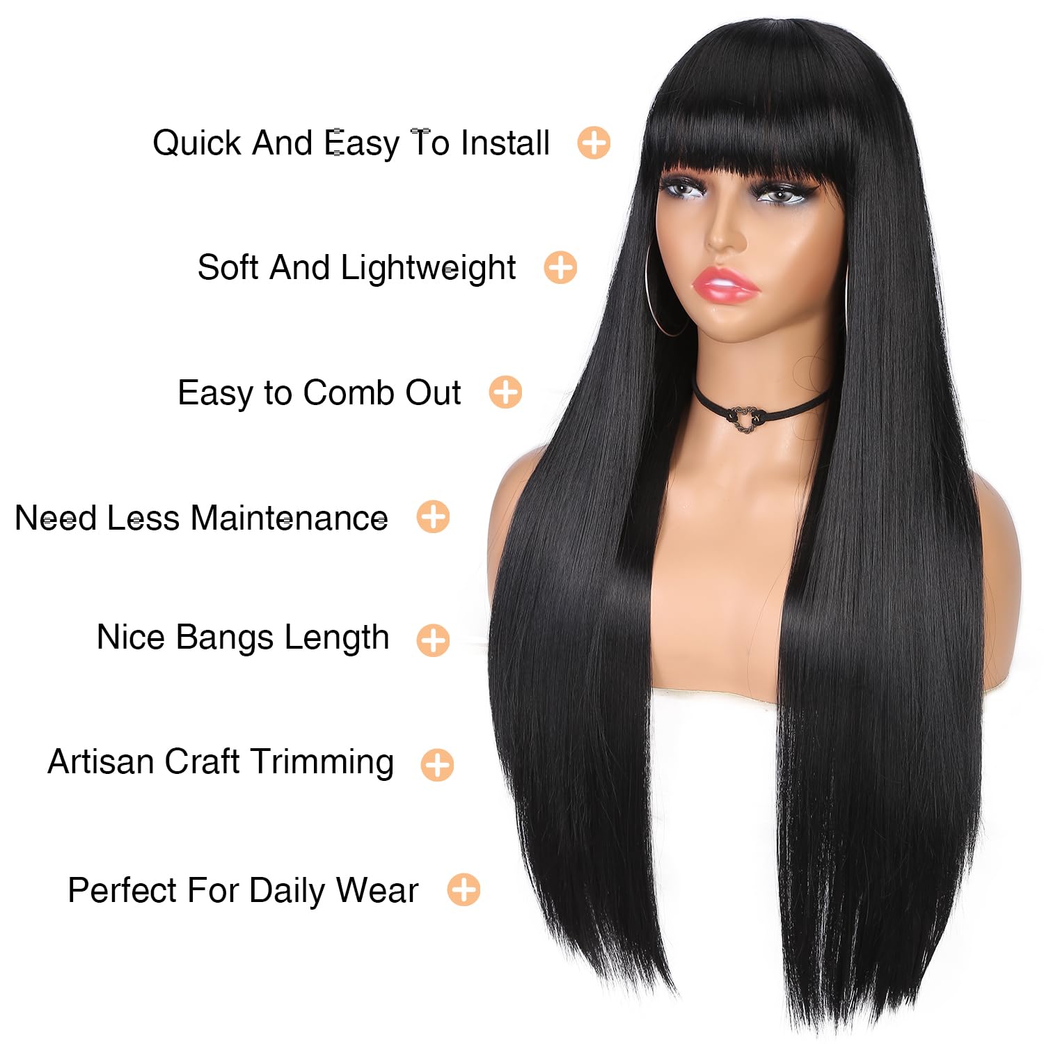 Wiger Long Black Wigs With Bangs Straight Black Hair Dye Wig For Women Long Bangs Wig Full Black Cosplay Wig For Girls Synthetic