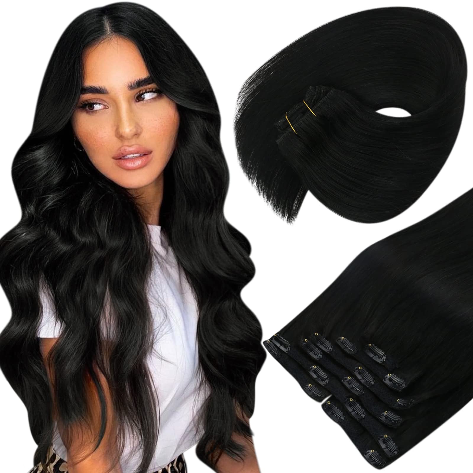 Sunny Black clip In Human Hair Extensions Real Hair Black Hair Extensions clip in Jet Black Human Hair clip on Hair Extensions F