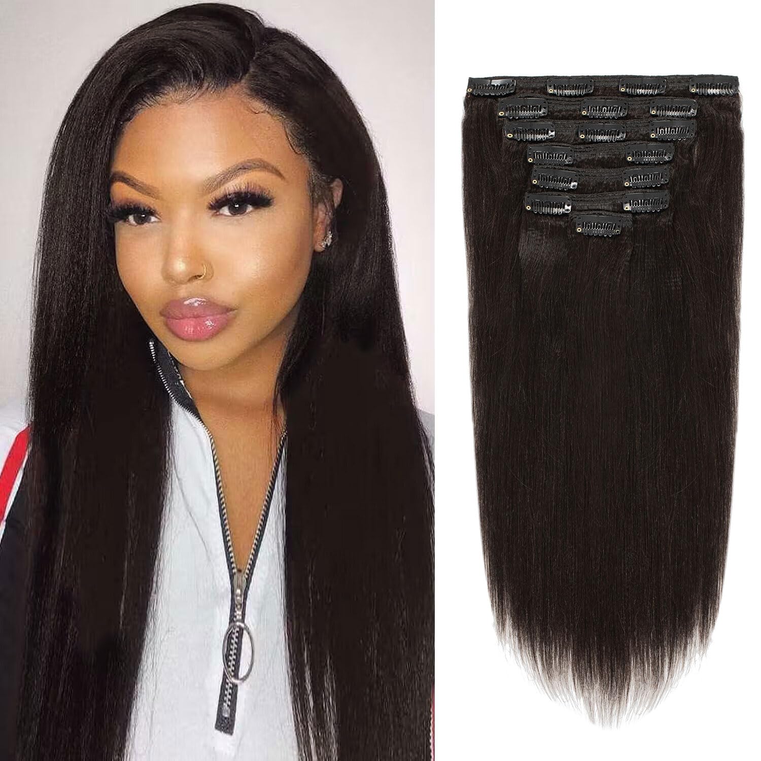 Loxxy Yaki Clip in Hair Extensions Real Human Hair for Black Women 20 inch Real Remy Thick Style Double Weft for African America