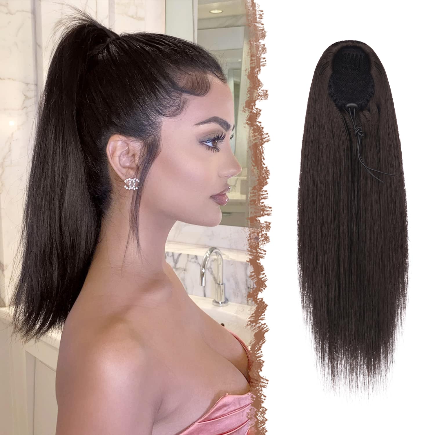 Feshfen Straight Ponytail Extensions Long Drawstring Synthetic Pony Tail Hairpieces Natural Clip In Ponytails Extension For Wome