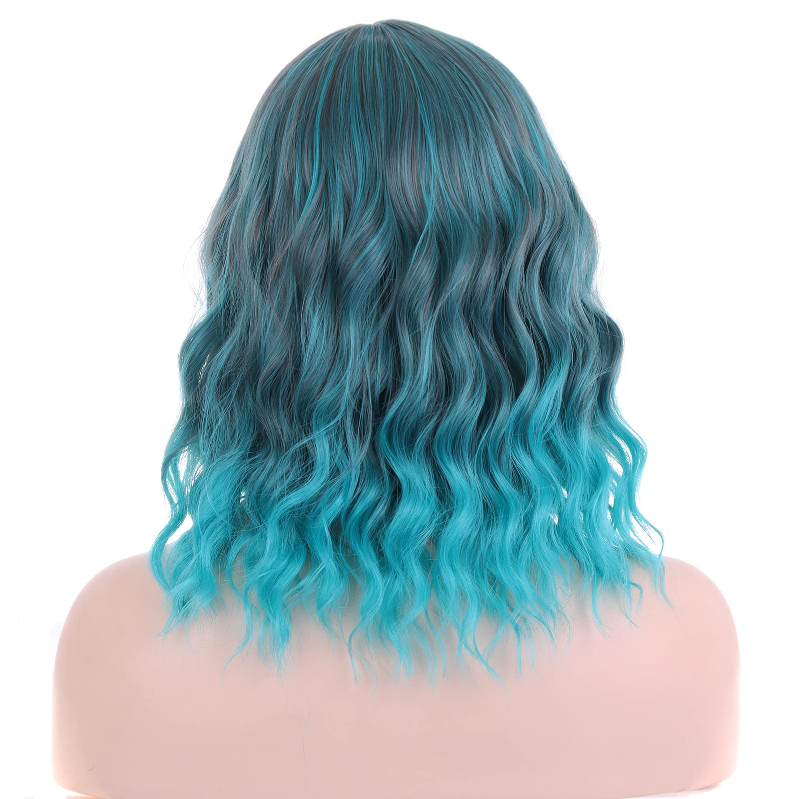 PATTNIUM Mixed Blue Wig Women Short Wavy Wig Teal Wig with Bangs Teal Blue Bob Wig Women Girls Heat Resistant Synthetic Fiber Co