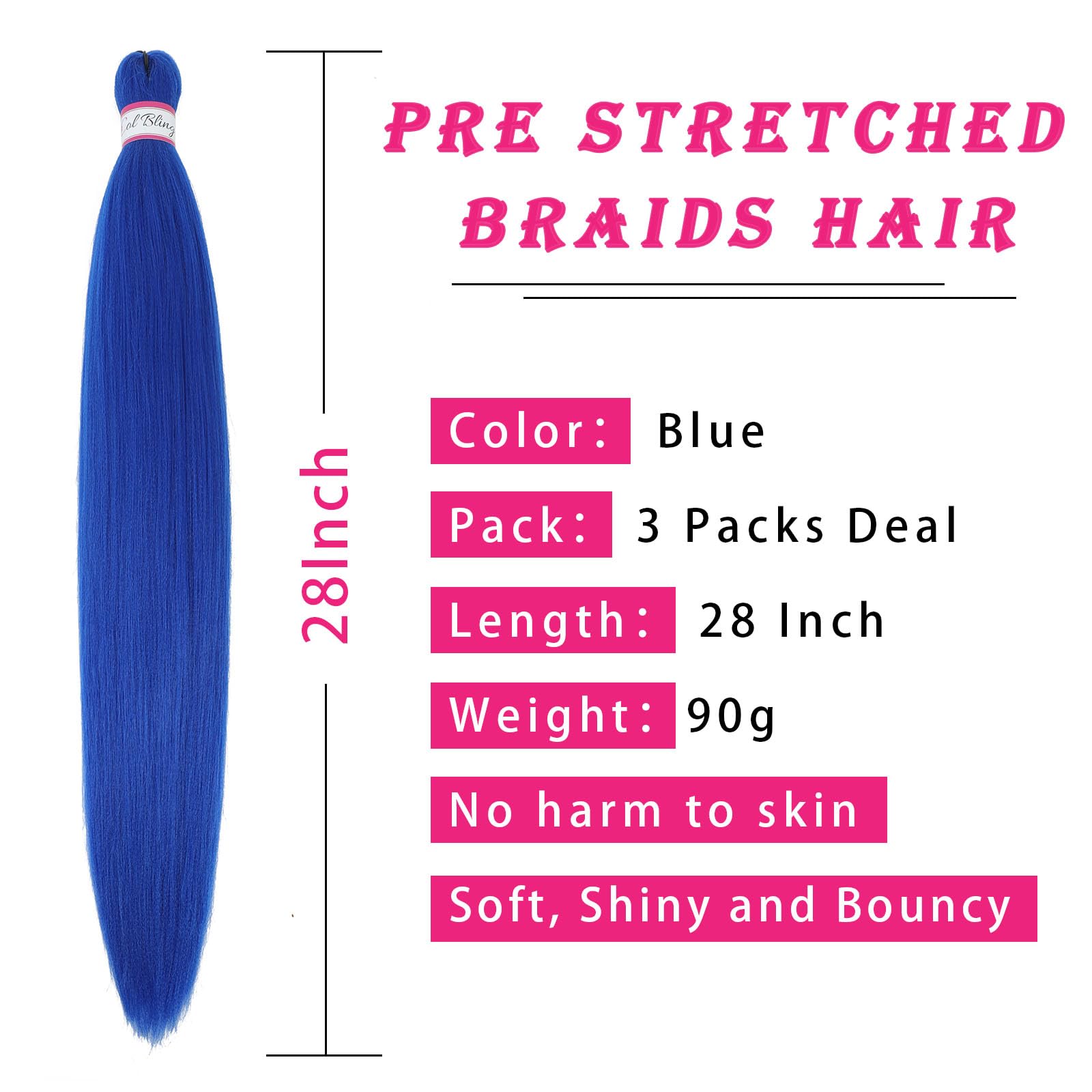 Col Bling Blue Braiding Hair Pre Stretched, 28 Inch Long Braid Hair Extensions For Women, Box Braids Hair Yaki Texture, Professi