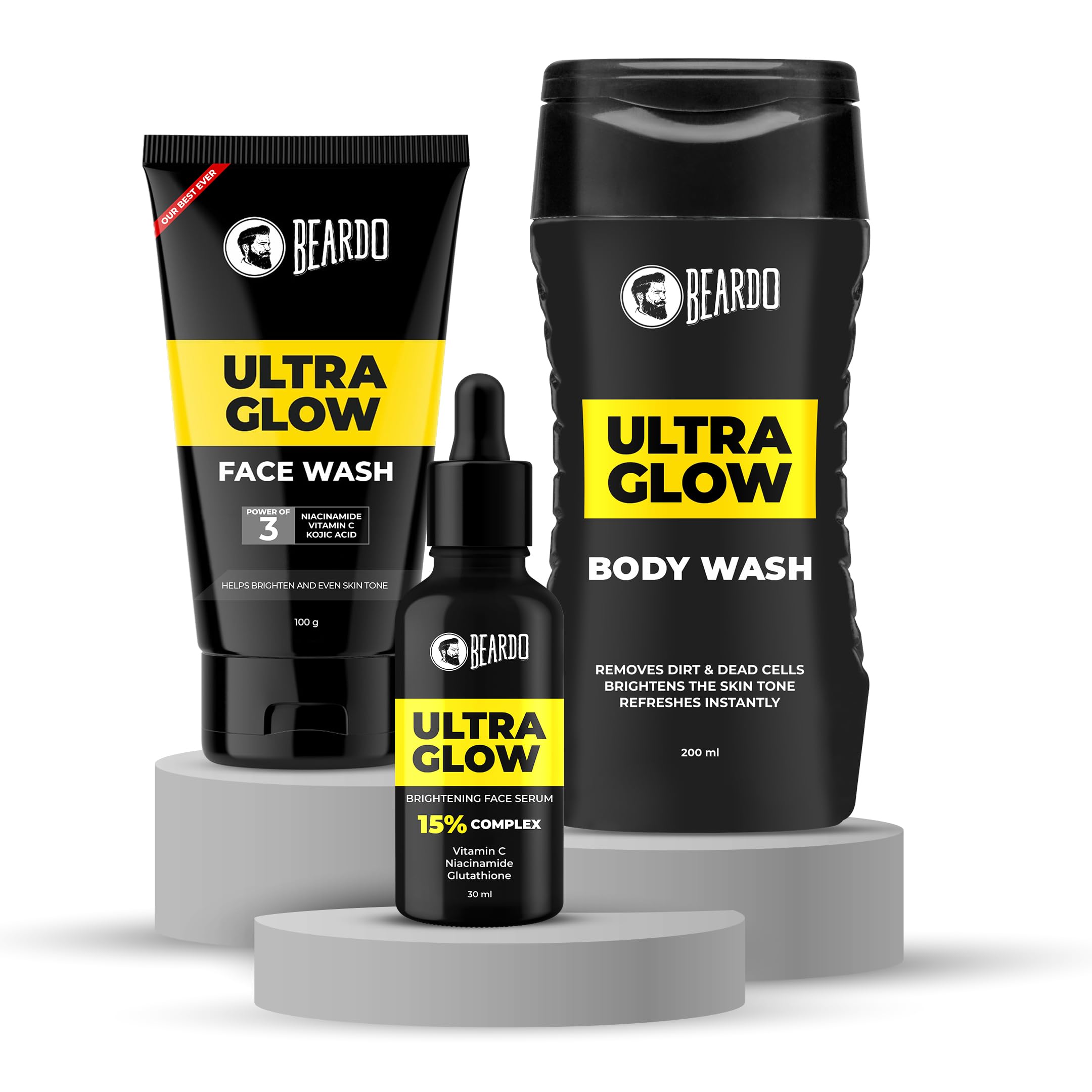 Beardo Alpha Glow Up Kit For Men - Bodywash, Face Serum & Facewash | Brightening, Nourishing & Hydrating Skincare Combo | Deep C