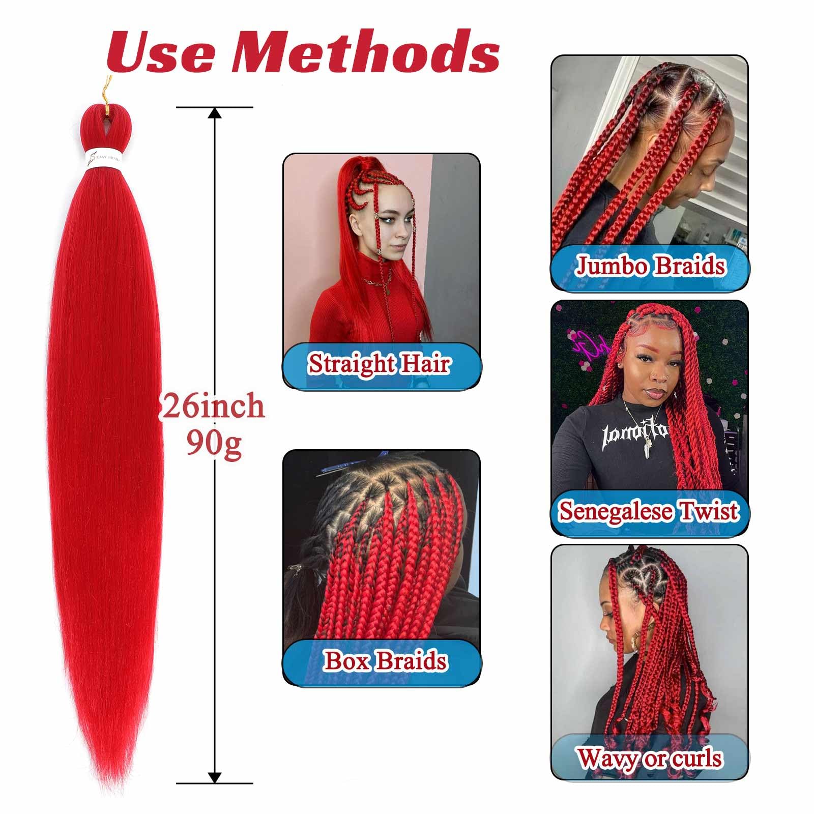 Royota Pre-Stretched Braiding Hair, Yaki Texture, 26 Inch, Pack of 3, Red Synthetic Hair for Knotless Box Crochet Extensions