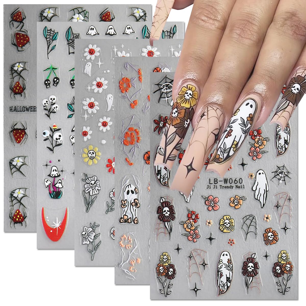Halloween Nail Art Stickers Decals 5PCS Halloween Cute Ghost Flower Nail Stickers Skull Strawberry Spider Flower Nail Designs 5D