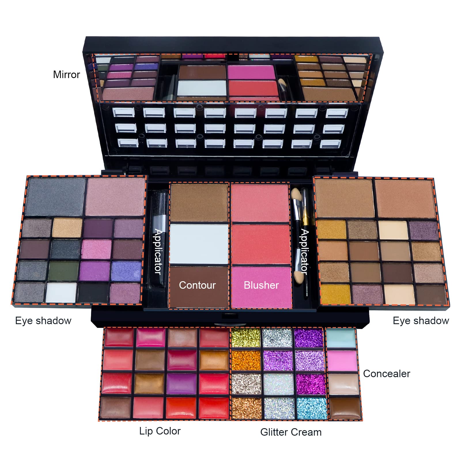 Hywestger Makeup Kit - 74 Color Palette with 36 Eyeshadows, 28 Lip Glosses, Brushes & More - Red Makeup Palette