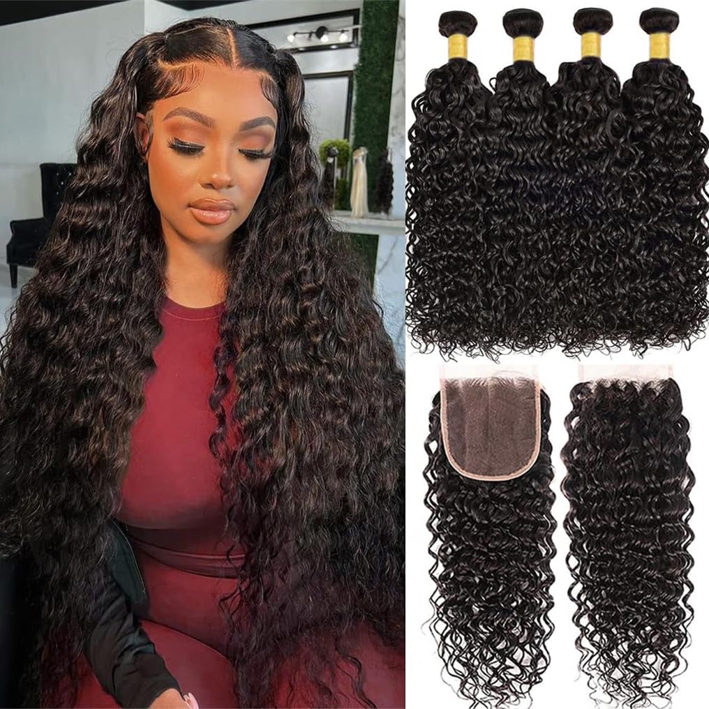 Human Hair Bundles With Closure (22 24 26 28+20 Inch) Water Wave 4 Bundles Human Hair With Closure 10A Brazilian Virgin Human Ha