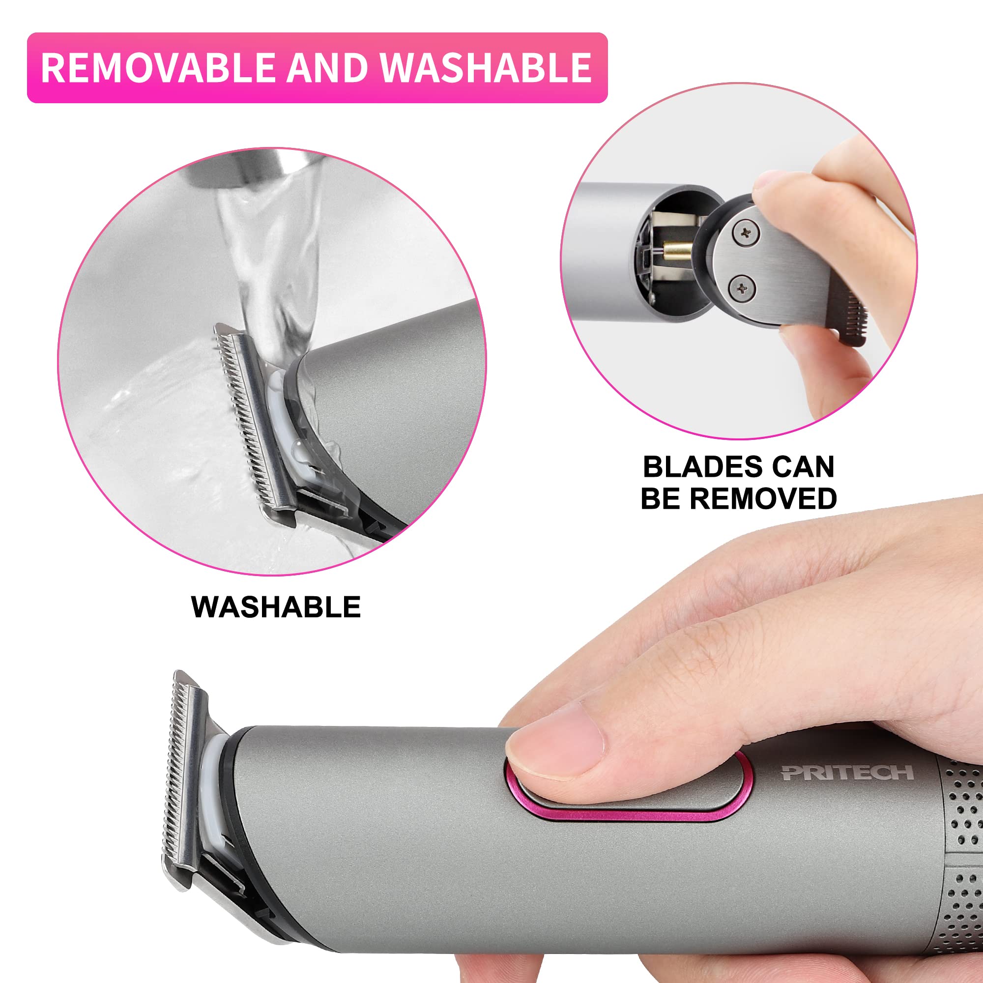 Pritech Hair Trimmer For Women, Waterproof, Rechargeable Pubic Hair Clippers And Bikini Shaver, Electric Razor, Hair Cut Kit, Ba
