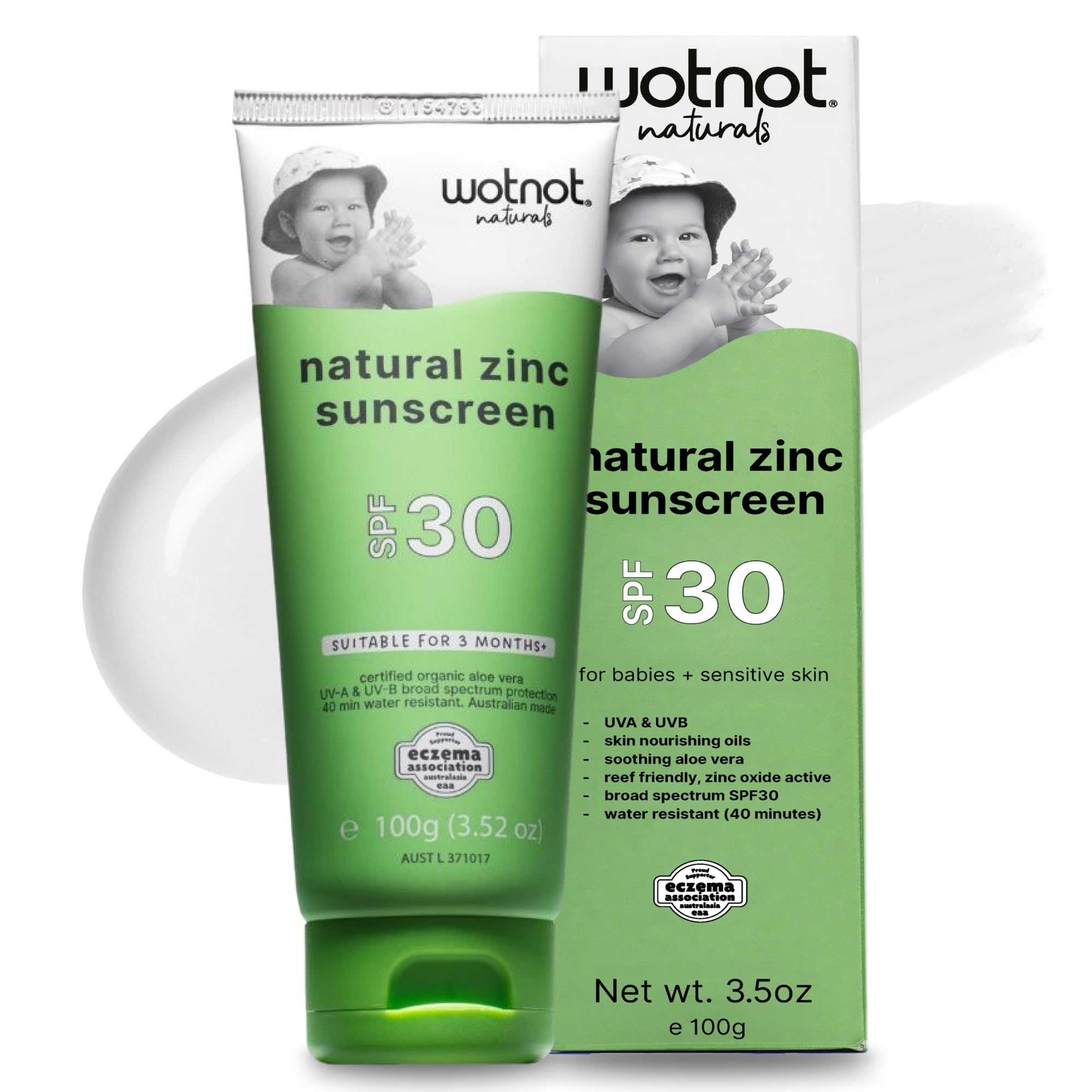 Wotnot Natural Baby Mineral Sunscreen SPF 30, Zinc, FragranceFree, 100g