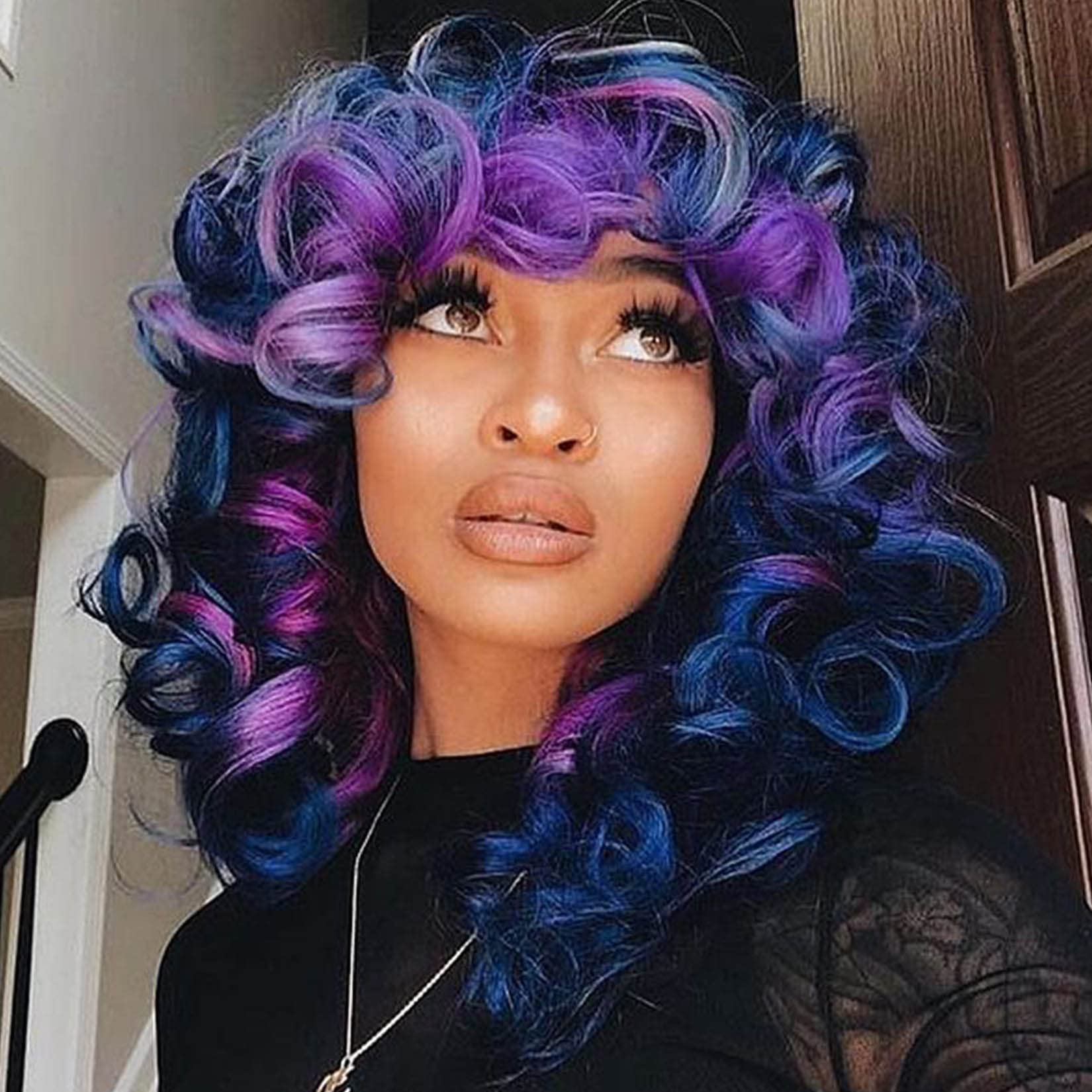 andromeda Short Curly Wigs for Black Women Soft Mixed Blue Purple Big Curly Wig with Bangs Cute Loose Curly Cosplay Party Daily 