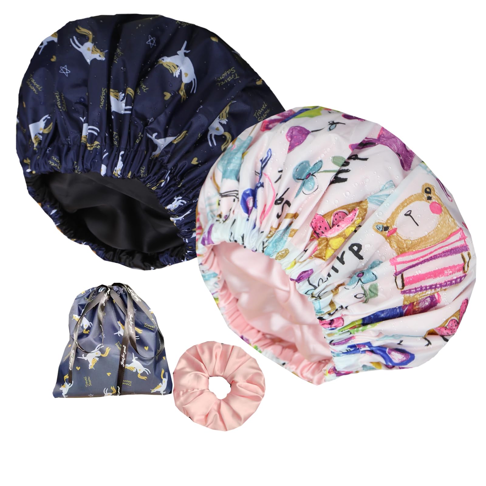 2Pcs Luxury Shower Cap For Women Machine Washable, Extra Large And Reusable Silky Satin Lined Shower Cap Waterproof, Adjustable,