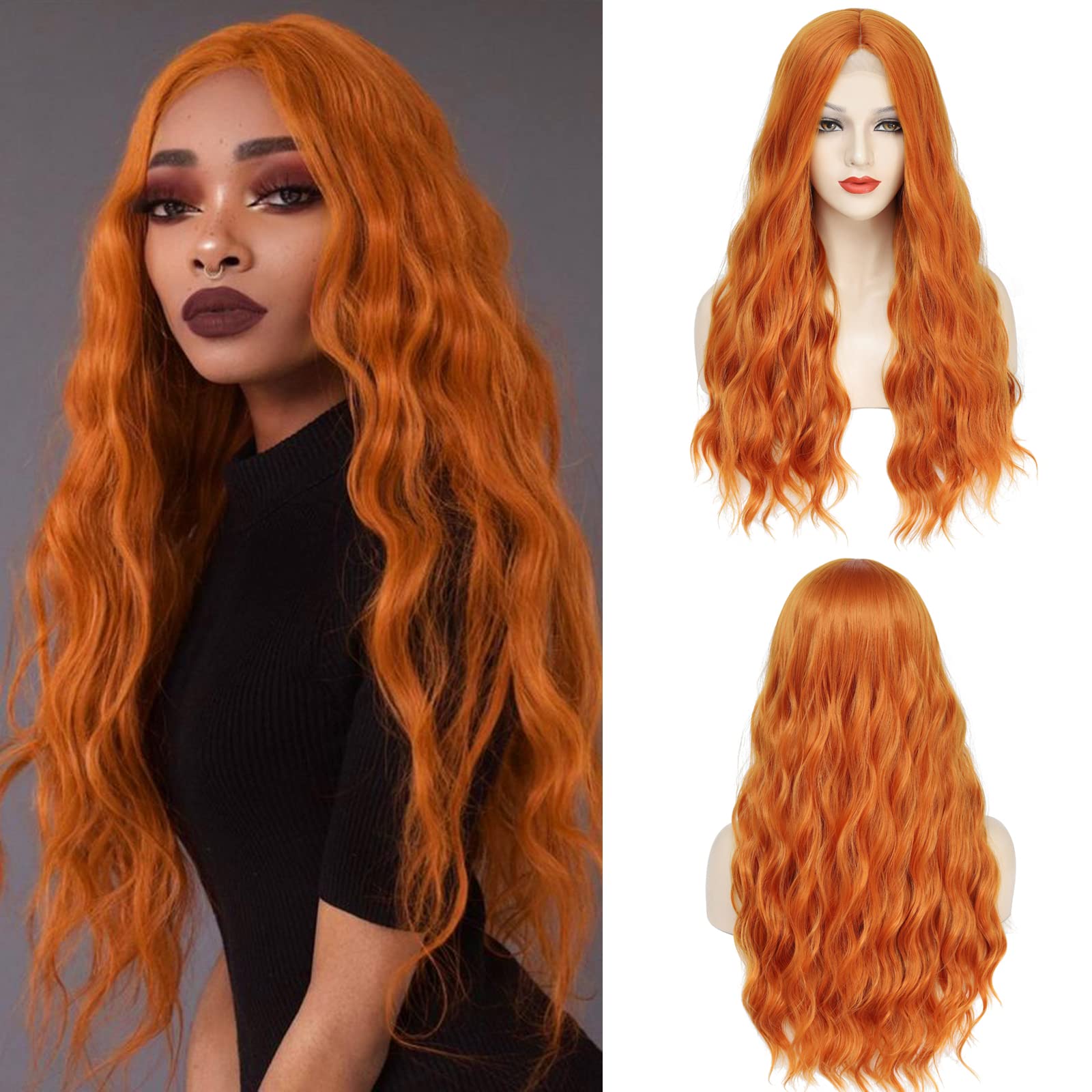 YBYMCAI Long Orange Wavy Wigs for Women Middle Part 26 inch Natural Curly Synthetic Wig Heat Resistant Fiber Wigs for Daily Part