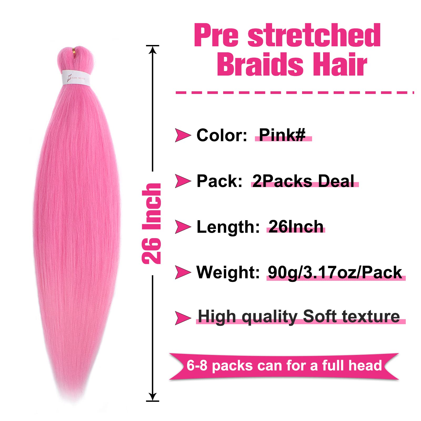 Unionbeauty 2 Packs Pre Stretched Braiding Hair 26 Inch Pink Braiding Hair Synthetic Braiding Hair Hot Water Setting Crochet Hai