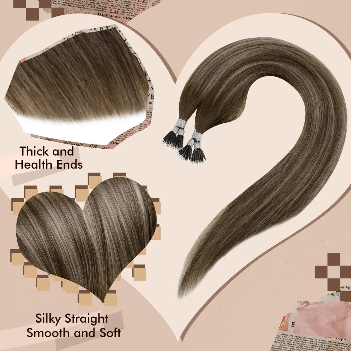 Hetto Nano Ring Human Hair Extensions Balayage Nano Beads Hair Extensions Human Hair #4/18/4 Ash Blonde Dark Brown Nano Tip Hair