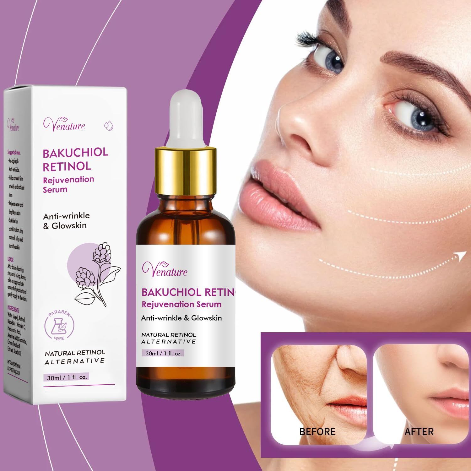 Venature Bakuchiol Retinol Rejuvenation Serum,2024 Best Retinol Serum For Wrinkles Bakuchiol Retinol Face Serum Korean, Retinol