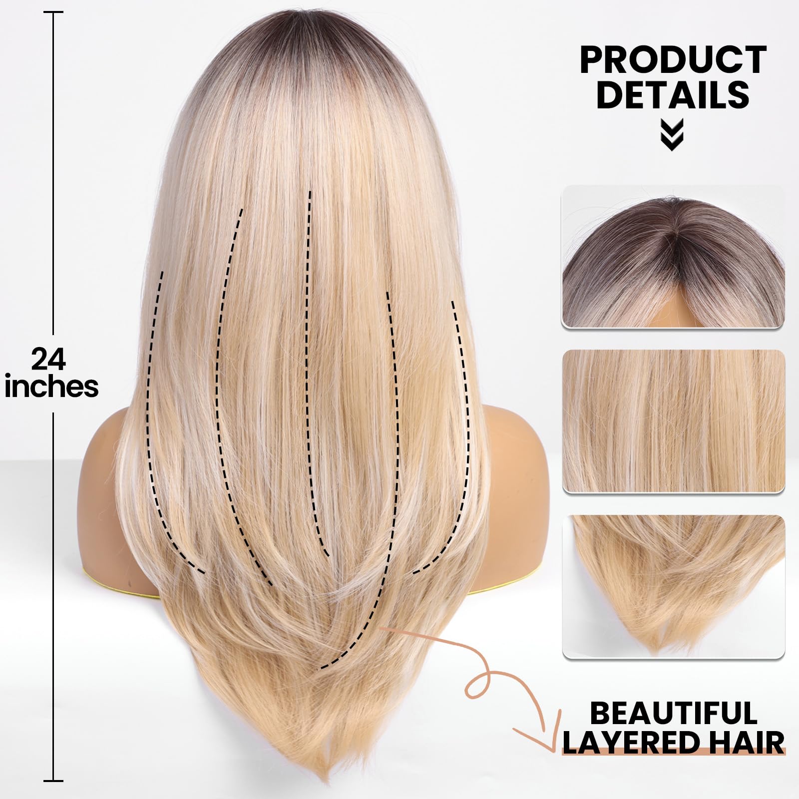 Emmor Blonde Wigs For Women,Long Layered Wigs With Curtain Bangs Heat Resistant Synthetic Fibre Wigs(Ombre Blonde)