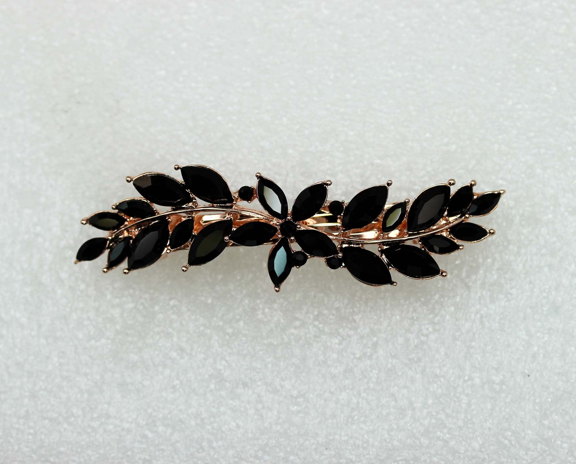 Faship Black Crystal Rose Gold Plated Small Floral Hair Barrette Clip