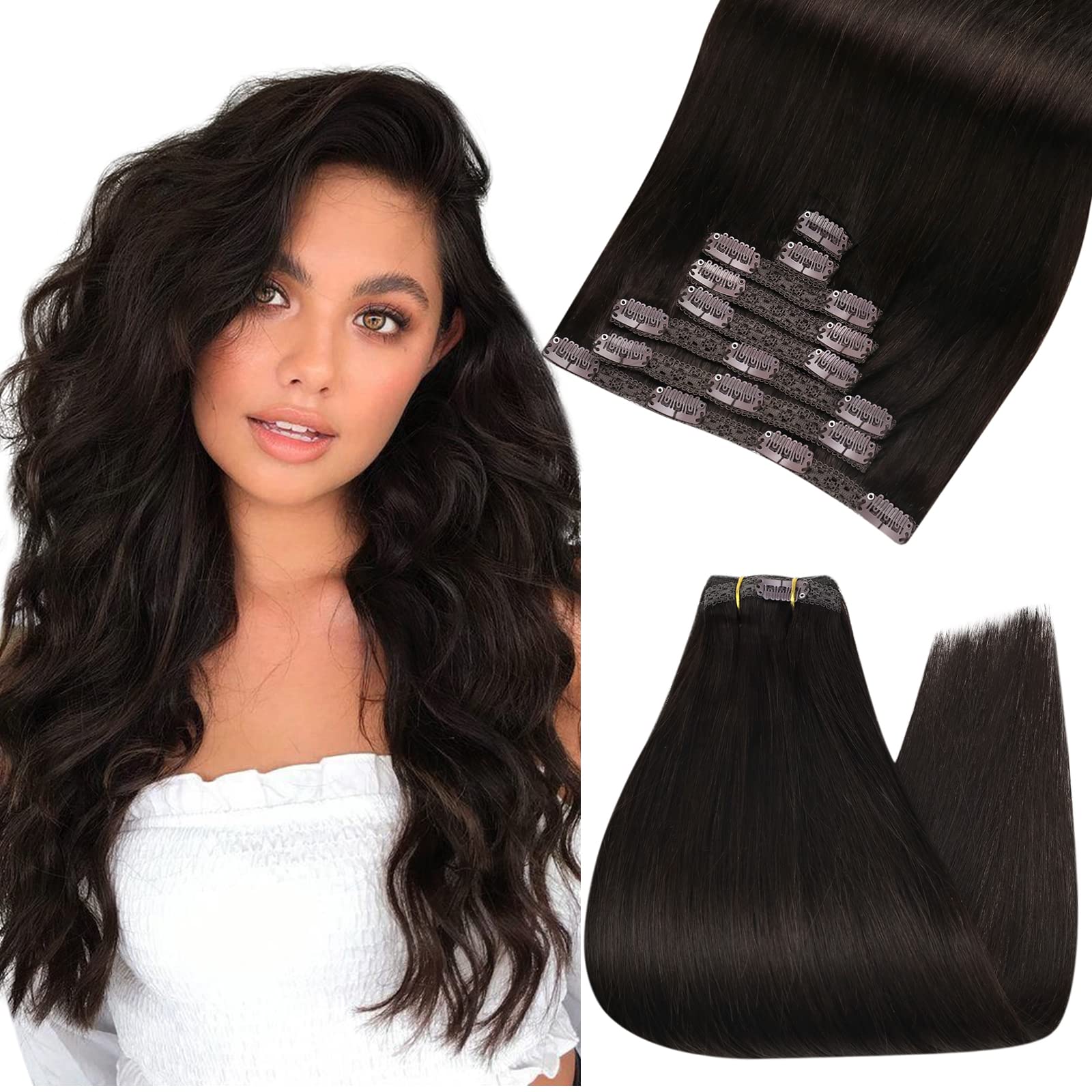 Ugeat 16 Inch Clip In Extensions Human Hair #2 Darkest Brown Clip In Hair Extensions Real Human Hair Double Weft With Lace Clip