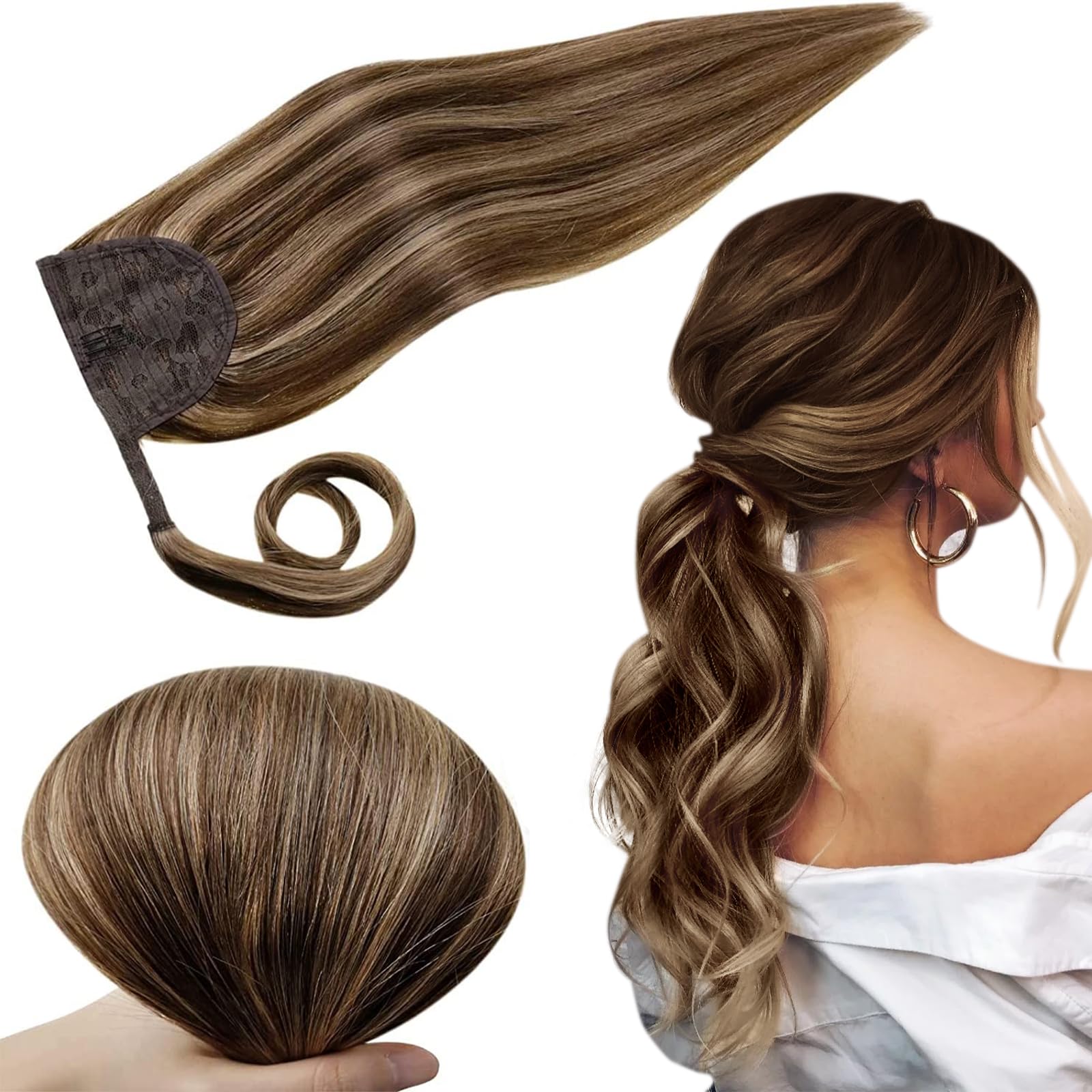 RUNATURE Brown Ponytail Human Hair Extensions Short Real Hair Ponytail Extension 14 Inch Walnut Brown Highlight Dark Blonde Stra