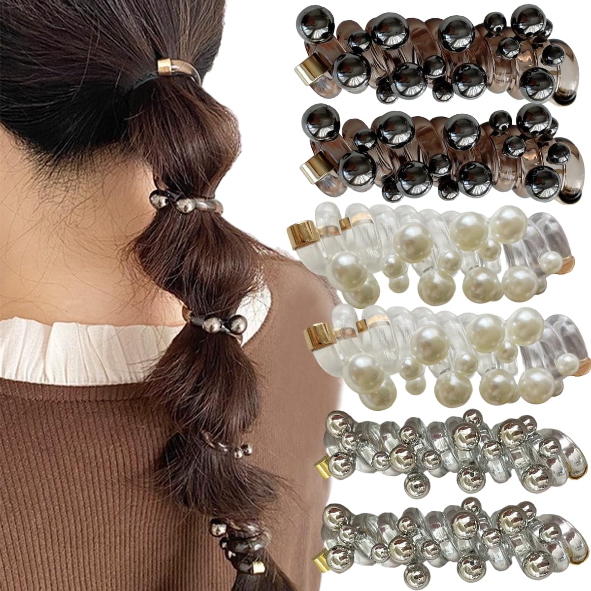Pearl Spiral Braided Telephone Scrunchies Hair Ties Stretchy Ponytail Holders Hair Bands Phone Cord Hair Ties for Ponytail Hair 