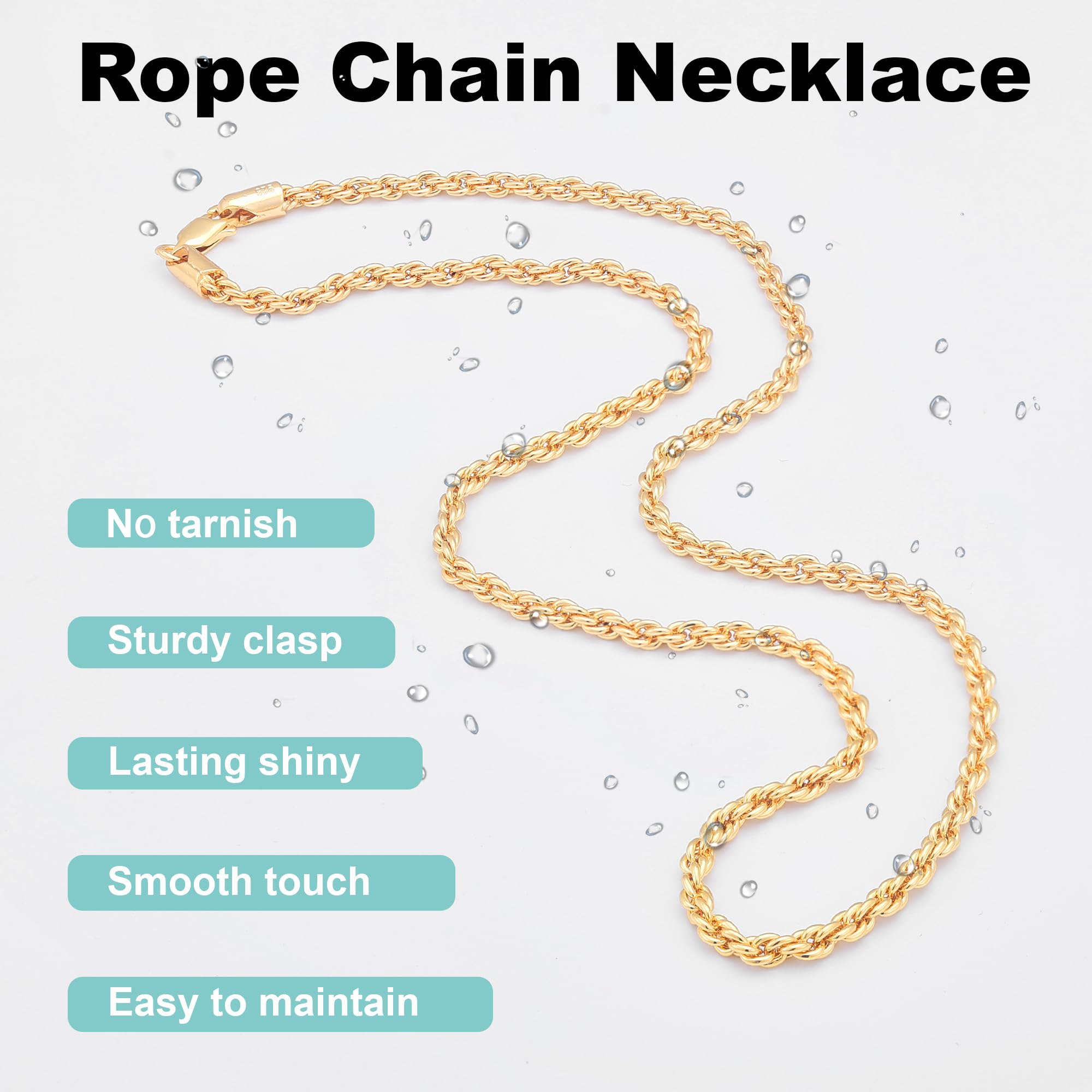 Waitsoul 925 Sterling Silver Rope Chain Lobster Clasp 2.5mm Gold Plated Chain Necklace for Men Women Necklace Chain 26 Inch