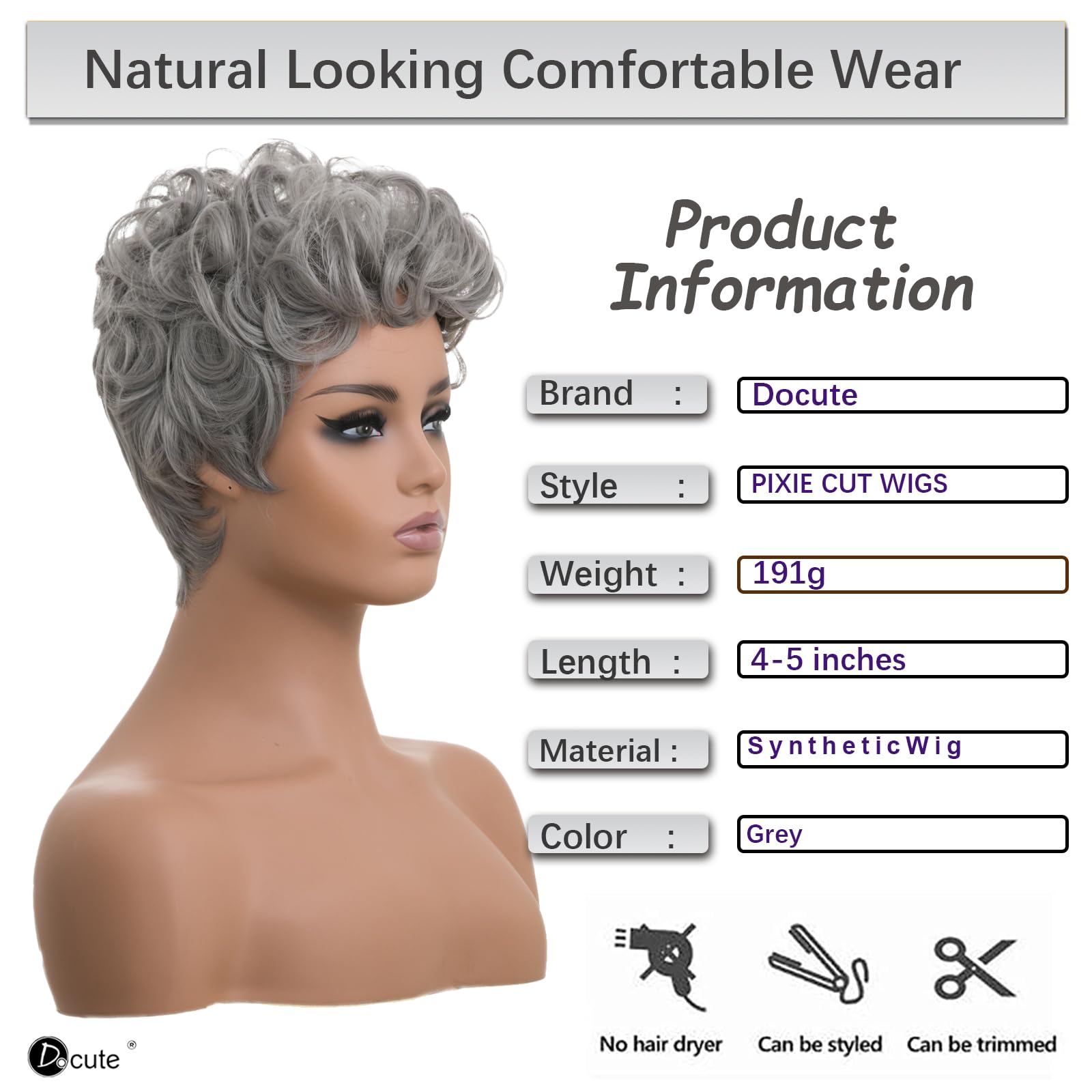 DOcute Pixie Cut Gray Wig for Black Women, Short Curly Fluffy Synthetic Hair, Average Size, Natural Wavy Design