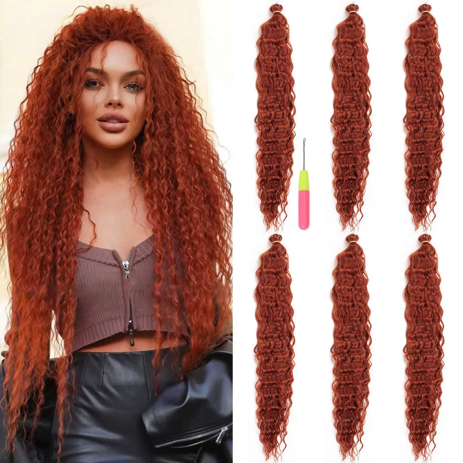 MAYSA Copper Ocean Wave Crochet Hair Extension, 22 inch 6packs Curly Braiding Crochet Hair, Synthetic Crochet Hair Extensions fo