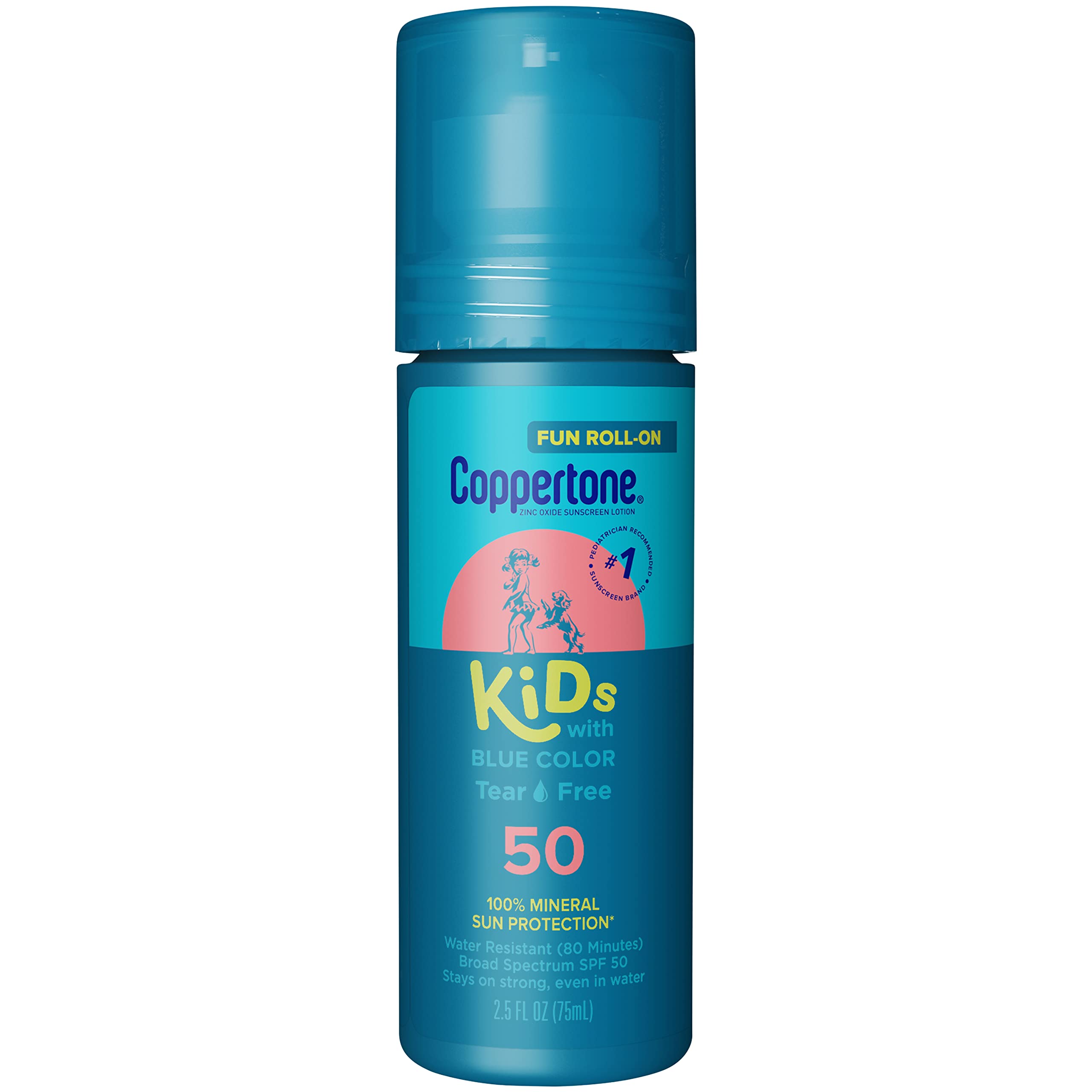Coppertone Kids Roll On Sunscreen Lotion SPF 50, Tear Free Kids Sunscreen with Blue Color and Zinc Oxide Sun Protection, 2.5 Fl 