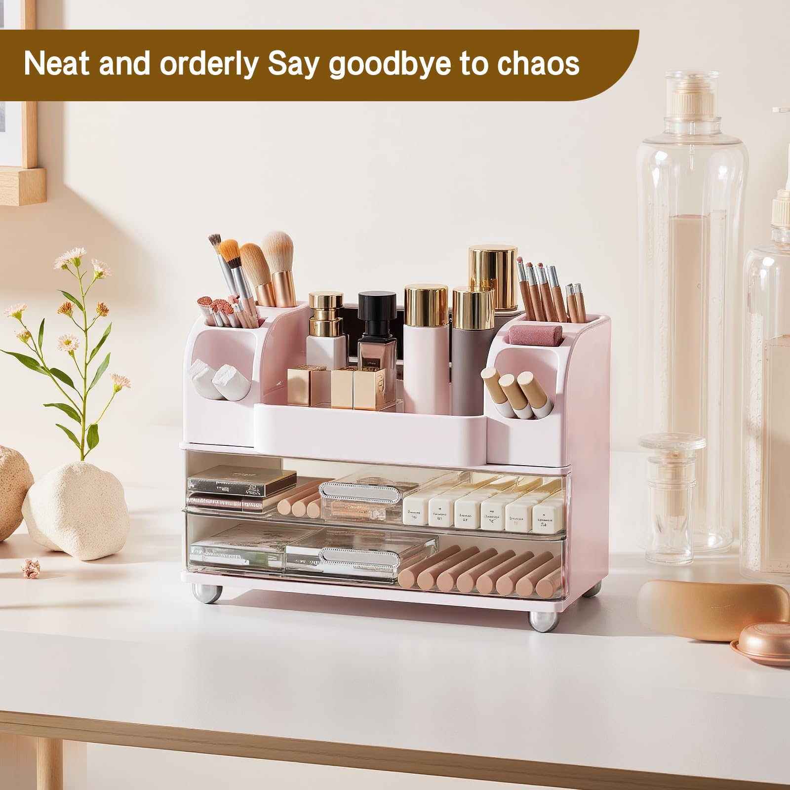 Makeup Organizer for Vanity Countertop with 2 Large Drawers, Spacious Display Cabinet, Partitioned Top Compartment 6 Brush Holde