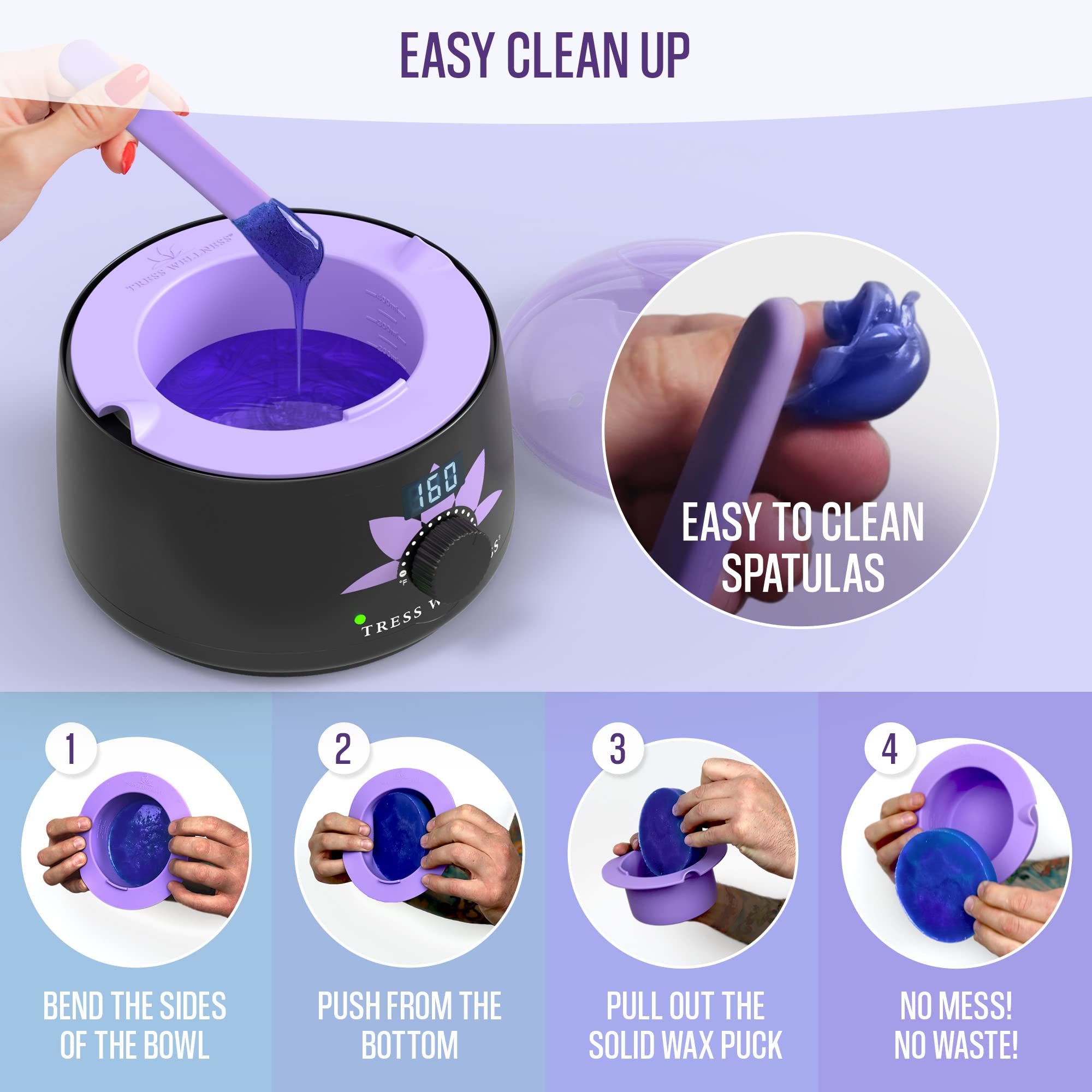 Tress Wellness Wax Warmer Silicone Liner (Purple) - Easy To Clean Silicone Wax Warmer Bowls With 2X Silicone Spatulas Compatible