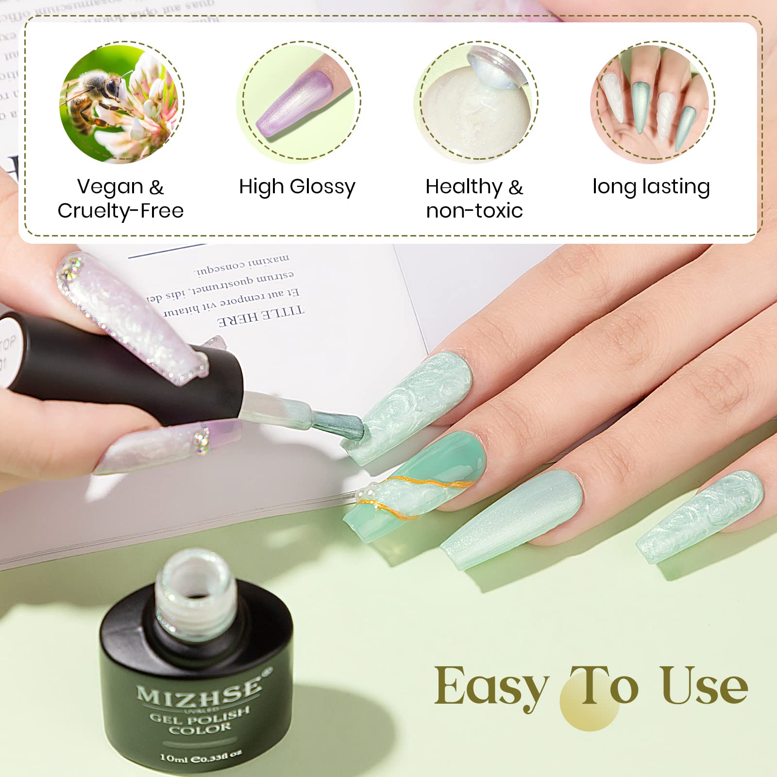 MIZHSE Pearl Top Coat Gel Nail Polish, Mermaid Glitter Nail Gel Polish Shiny Shell Thread Drawing Soak Off UV LED Nail Gel for N