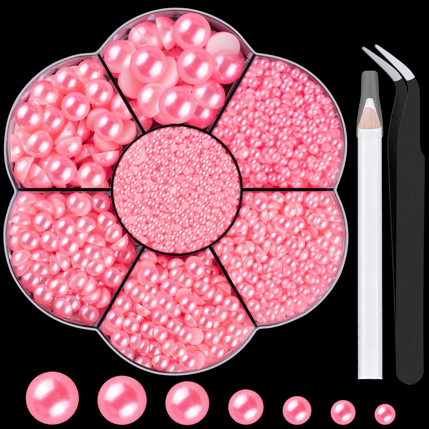 Nail Art Flat Back Half Round Pearl Kits 12, 1 Box of 5600 Pcs Flat-Back Pink Pearl with Tweezer and Picker Pencil for Home DIY