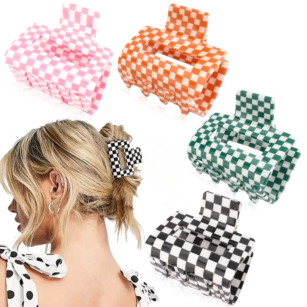 Ahoney 4 Pack Checkered Hair Clip Hair Claw Clips for Thin Hair 2 '' Hair Clips Y2k Hair Accessories Small Hair Clips for Thick