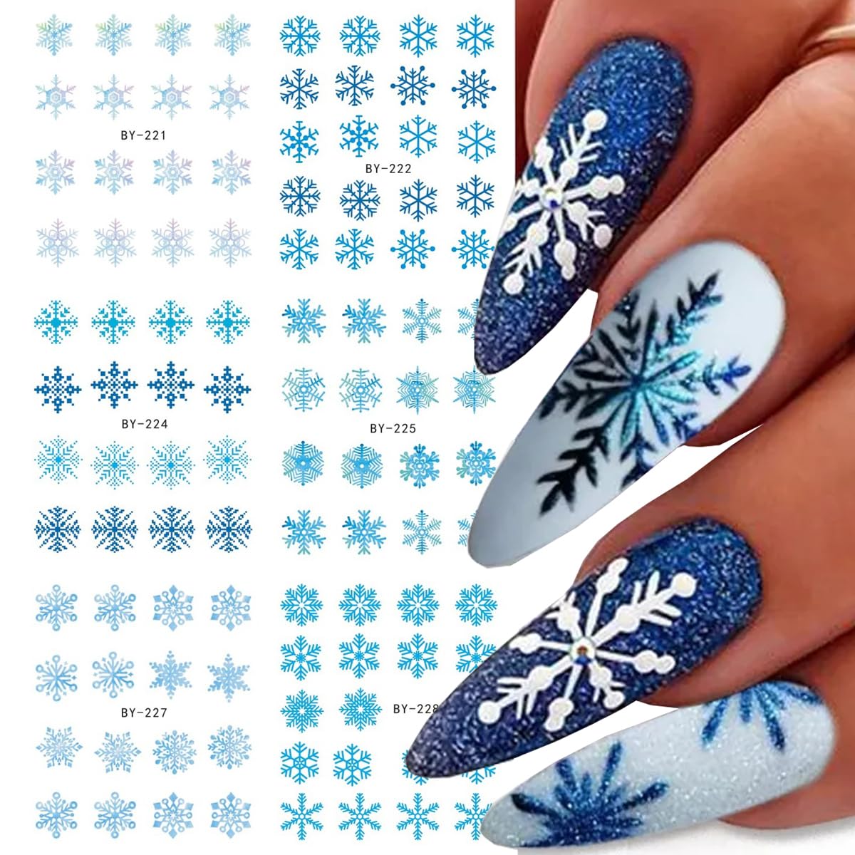 12Pcs Blue Snowflake Nail Stickers Christmas Nail Art Water Decals Gold Snowflakes Watercolor Design Snow Nail Sticker Winter Ch