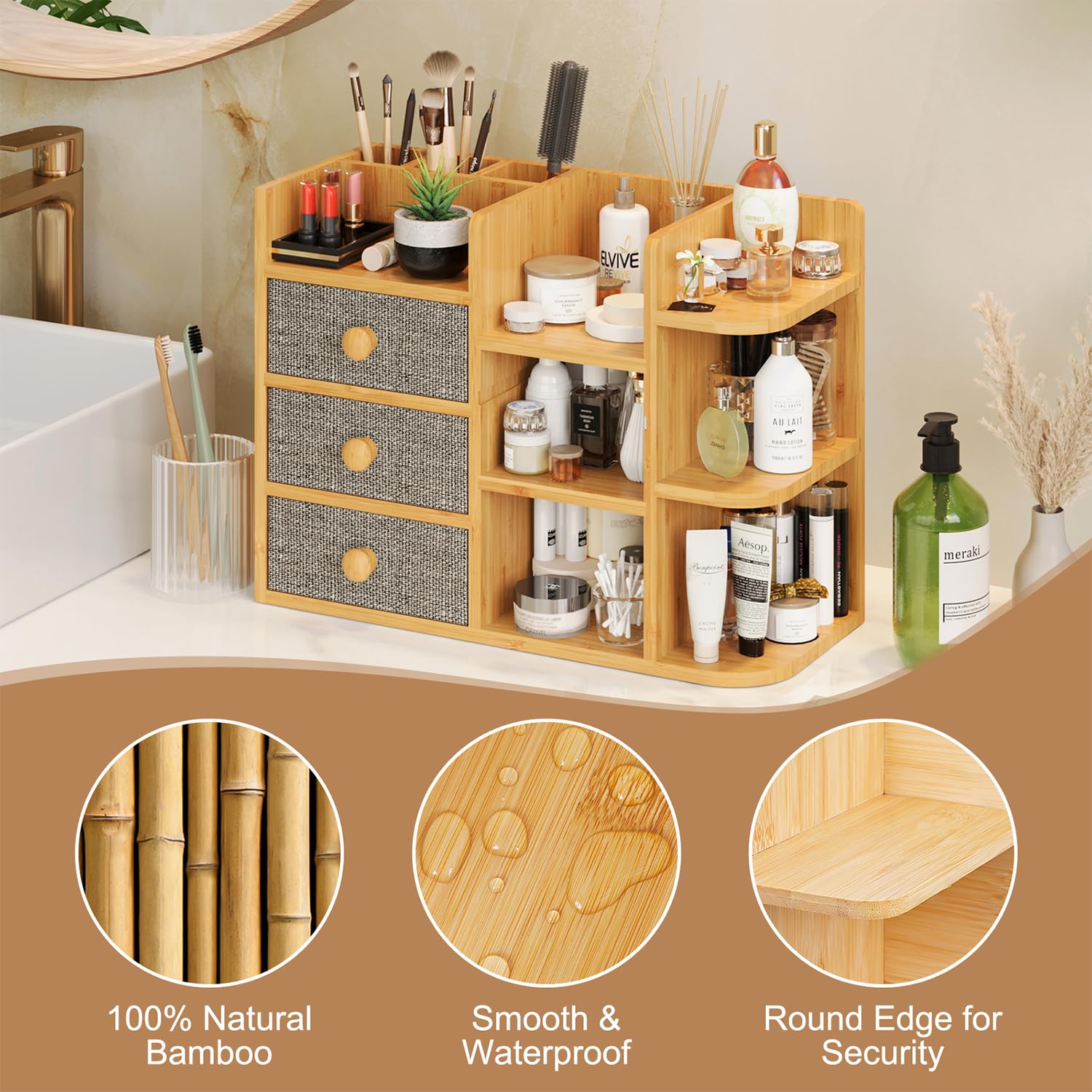 Makeup Organizer Countertop, Cosmetic Skincare Organizers With 3 Makeup Brush Holders/3 Drawers/7 Storage Shelves, Elegant Bambo