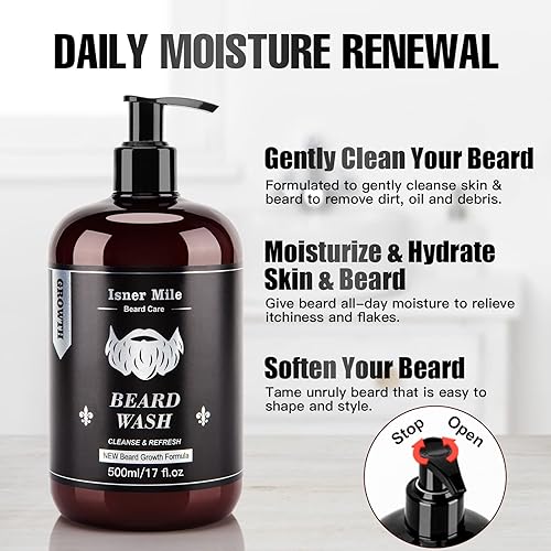 Beard Wash And Conditioner Set (Large 17 Oz Each), New Beard Growth Formula With Biotin Argan & Jojoba Oils, Smooth Soften Stren