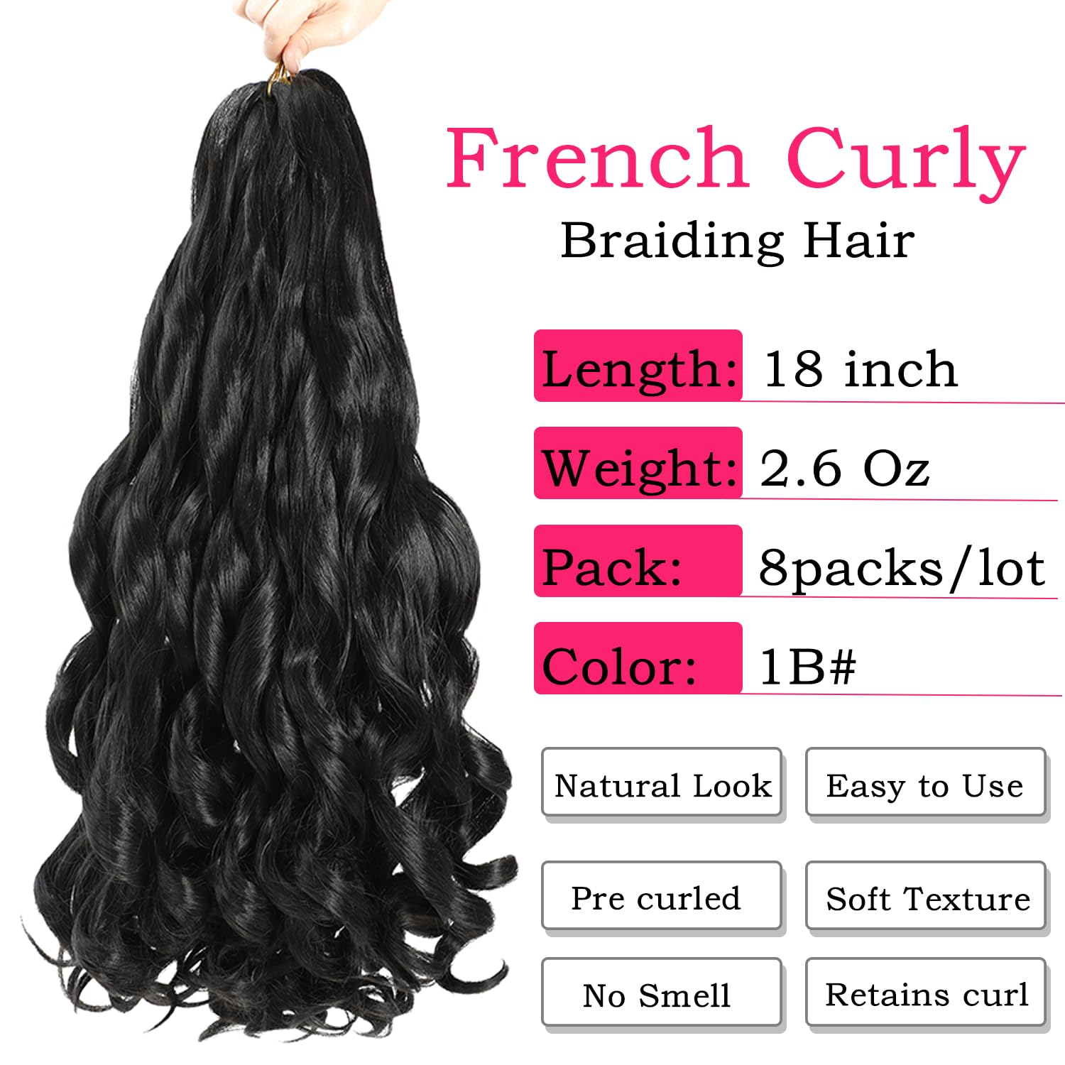 French Curly Braiding Hair 18 Inch 8 Packs Black Color - Pre Stretched Bouncy Braiding Hair- Loose Wavy Braiding Hair Synthetic