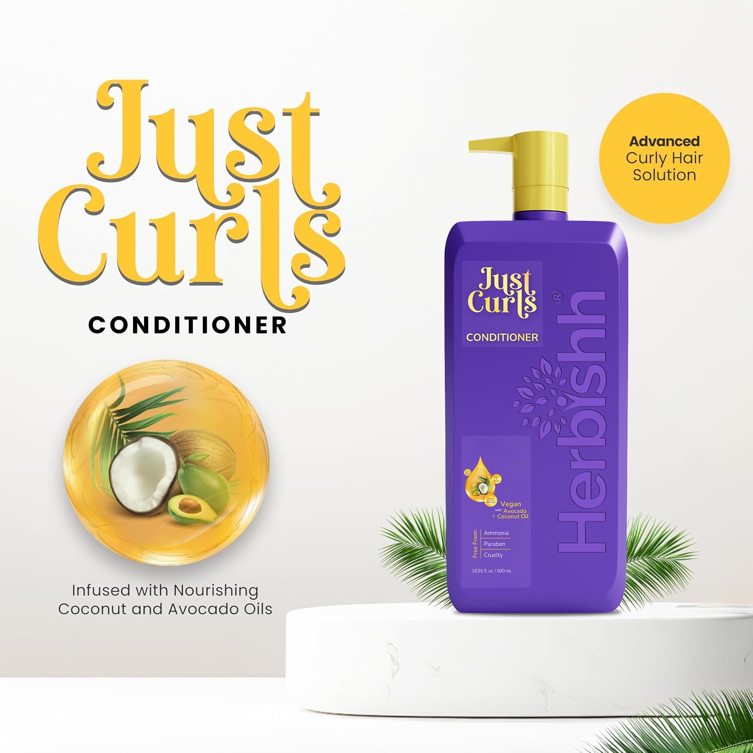 Herbishh Just Curls Conditioner with Avocado Oil Nourishing Curly Hair Conditioner Curl Enhancing Formula Repairs Damage Hair &