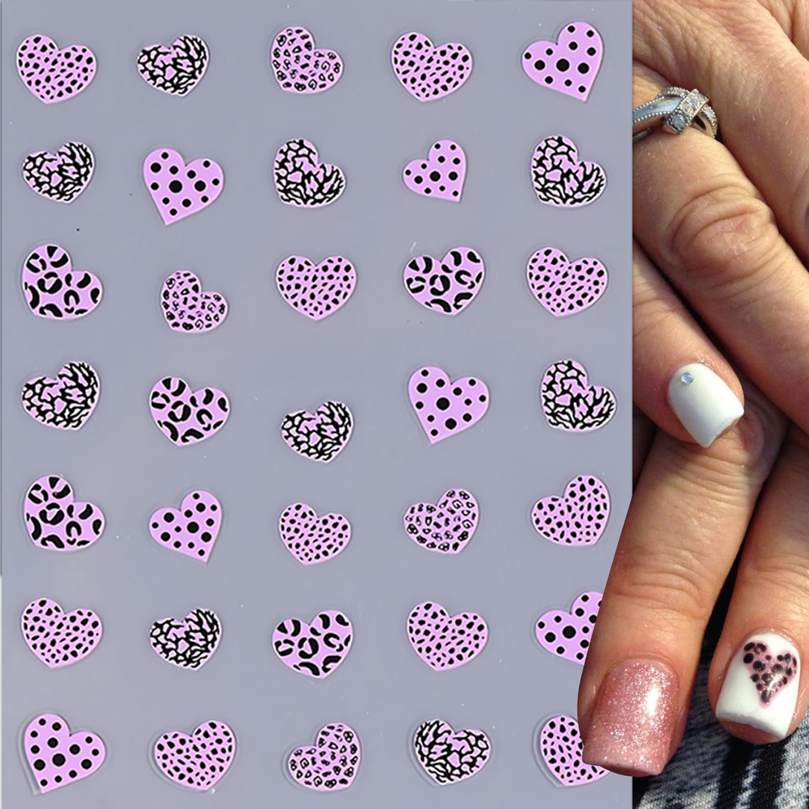 6 Sheets Heart Nail Art Stickers 3D Self Adhesive Leopard Print Design Valentine'S Day Nail Supplies Brown Purple Black Love Hea