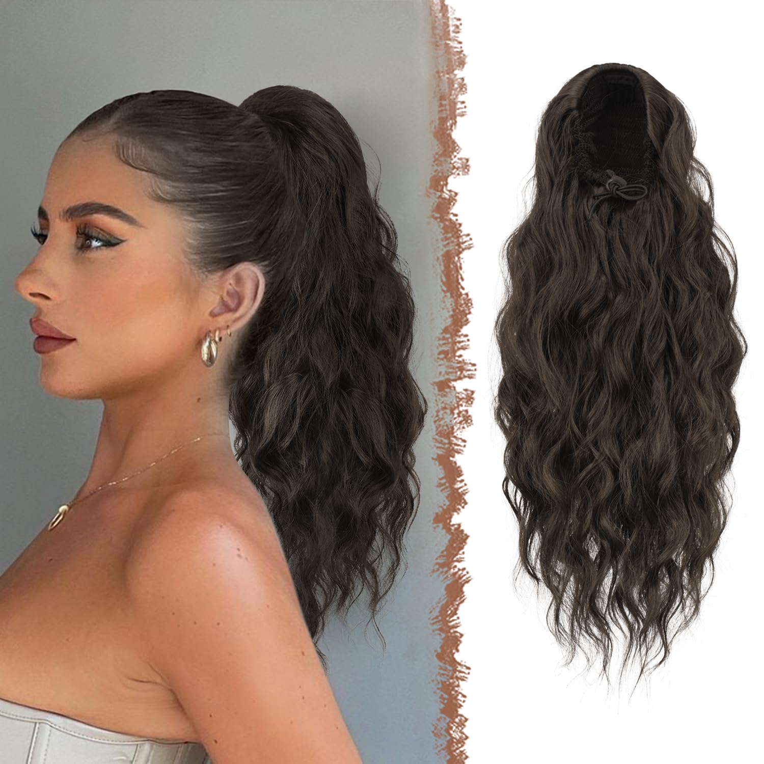 FESHFEN Ponytail Extensions, Long Curly Wavy Drawstring Ponytails Fluffy Clip in Pony Tail Hair Piece Synthetic Hairpieces for W