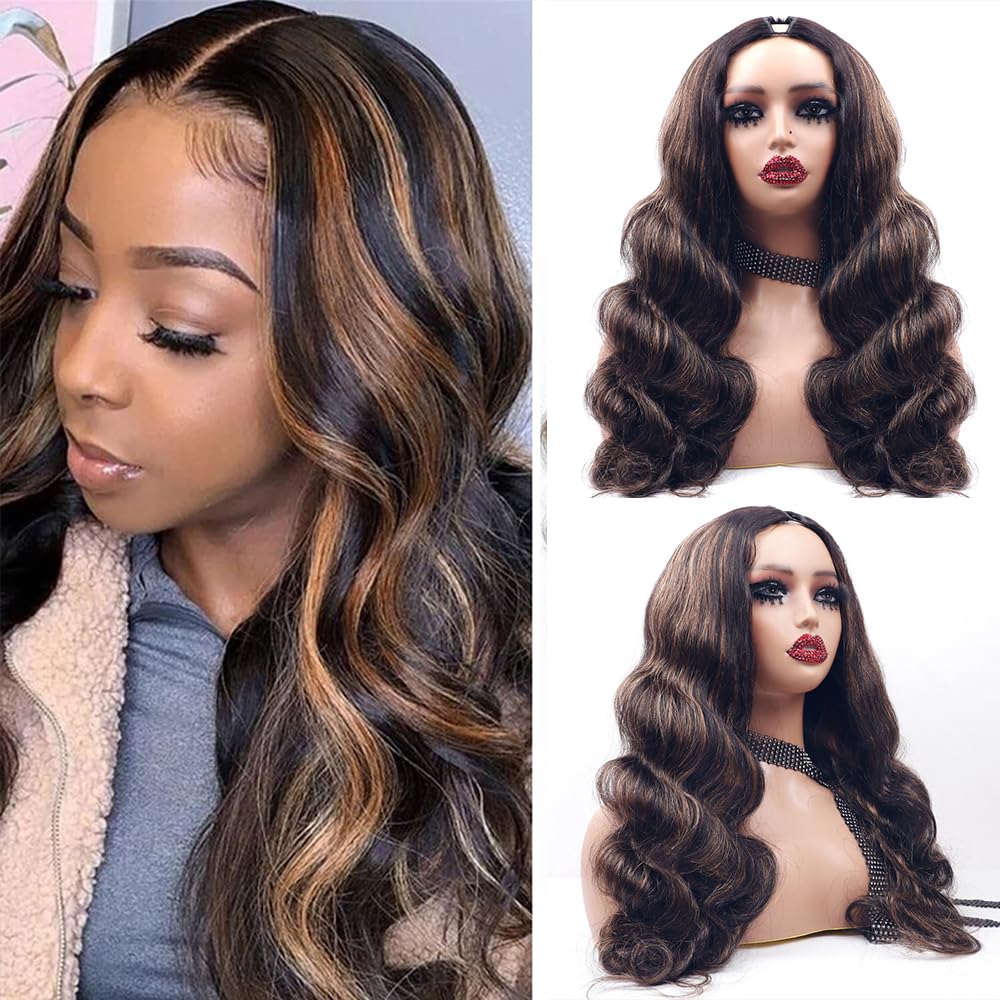 Xagujpo 16inch #FB30 Ombre Brown Body Wave V Part Wig Human Hair No Sew In Upgrade U Part Human Hair Wig Balayage Highlight Huma