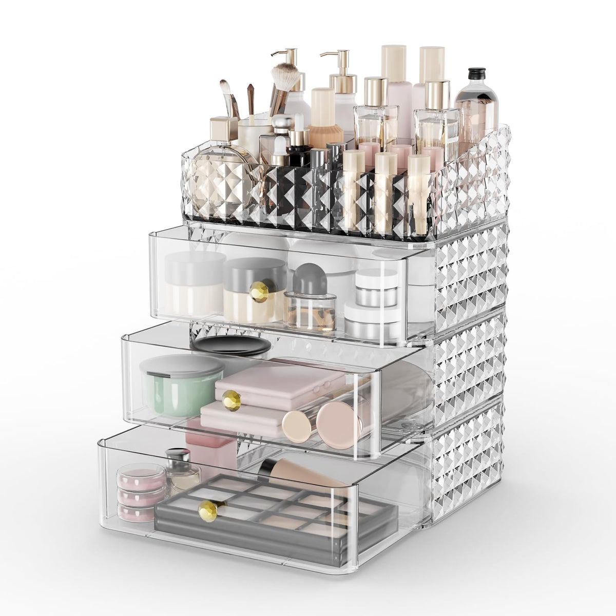 Rosoenvi Makeup Organizer for Vanity, Stackable Cosmetics Organizer and Storage, Cosmetic Display Cases with 3 Drawers and 1 Tra