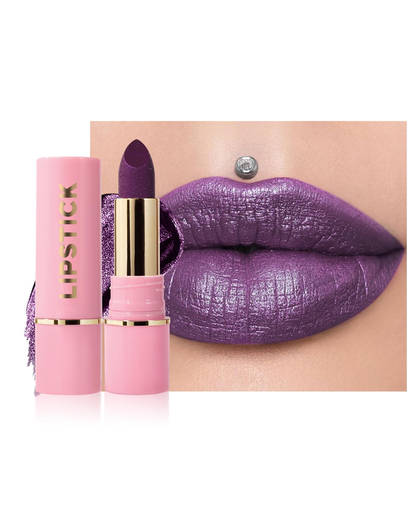 Diamond Glitter Matte Lipstick,Purple Plum Metallic Shimmer Lip Gloss Lip Tint,Longlasting Waterproof Non-Stick Lip Color,Full C