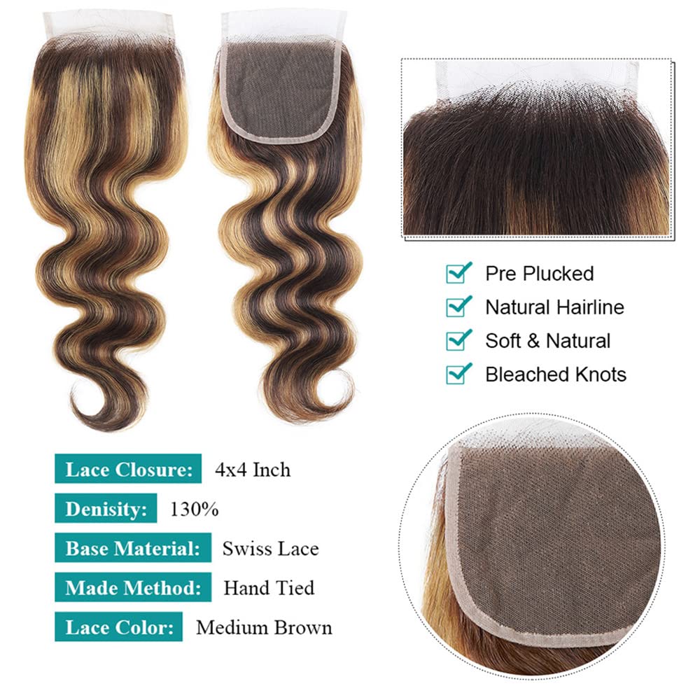 Isufer Brown Highlight Lace Closure Pre Plucked With Baby Hair Brazilian Virgin Hair Raw Remy Human Hair Ombre 18 Inch Swiss Lac