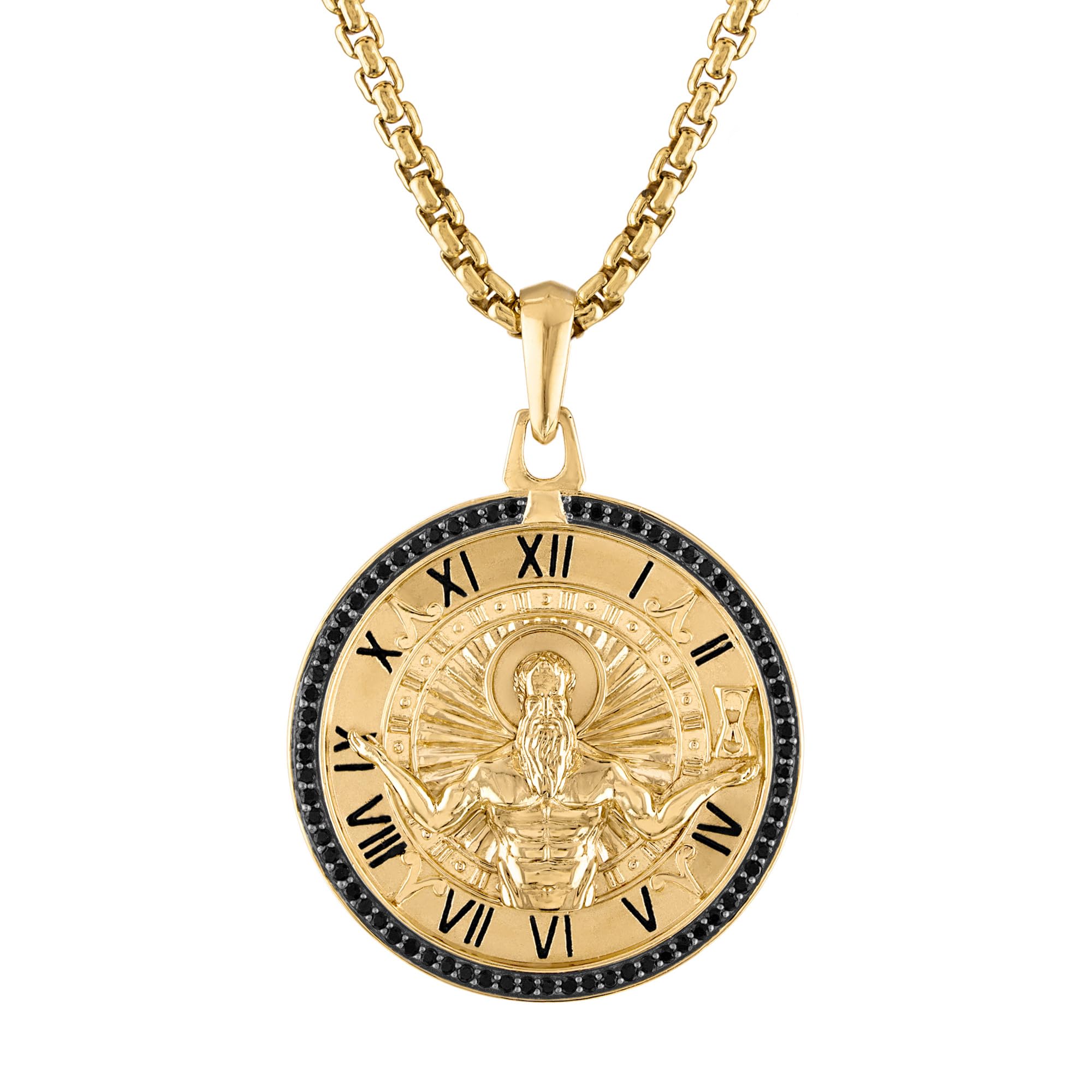 Bulova Jewelry Mens Chronos; God of Time 14K Gold Plated Sterling Silver Pendant and Rounded Box Link Chain Necklace,Length 24-