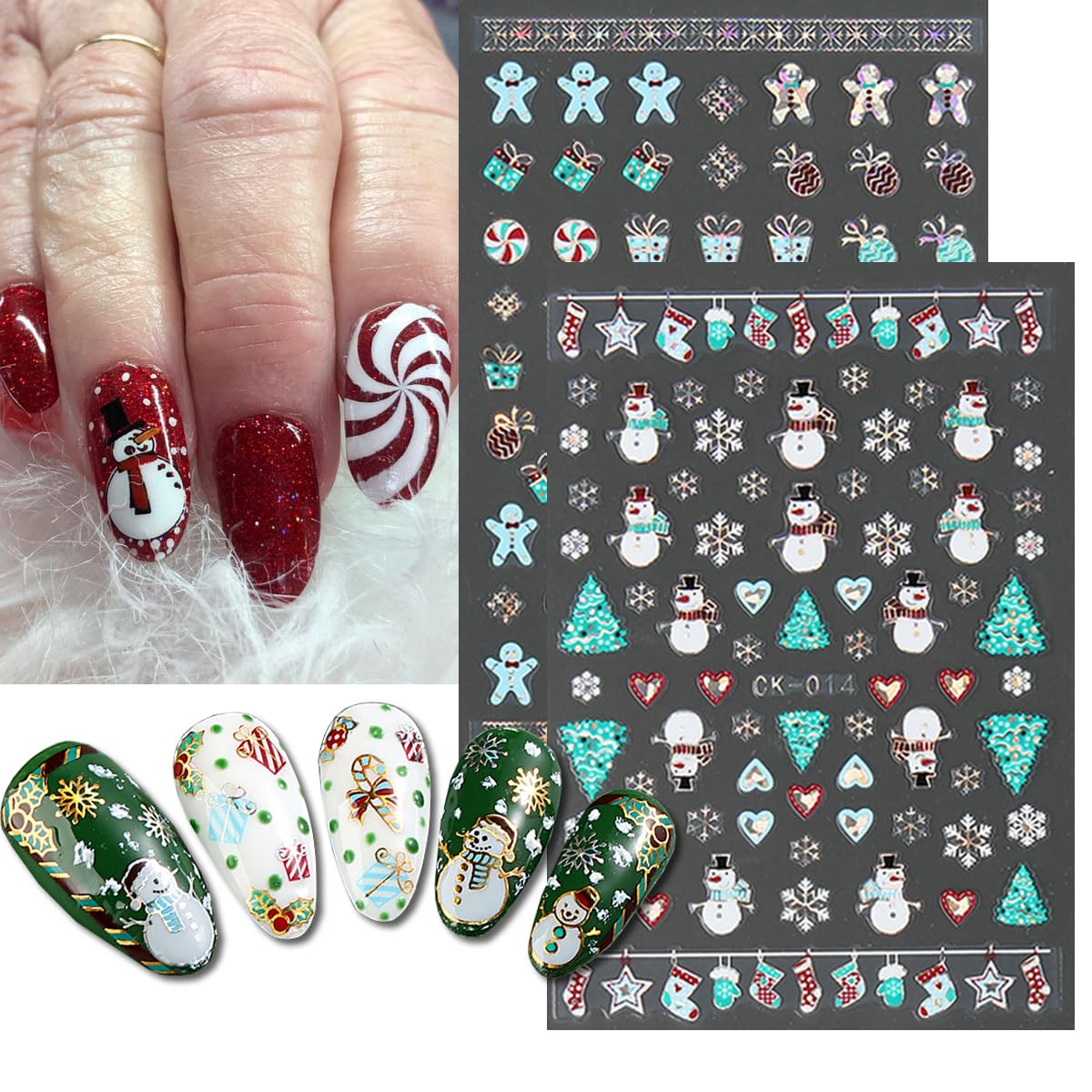 6 Sheets Christmas Nail Art Stickers Luxury Laser Christmas Nail Decals 3D Self-Adhesive Nail Supplies Xmas Tree Snowman Santa S