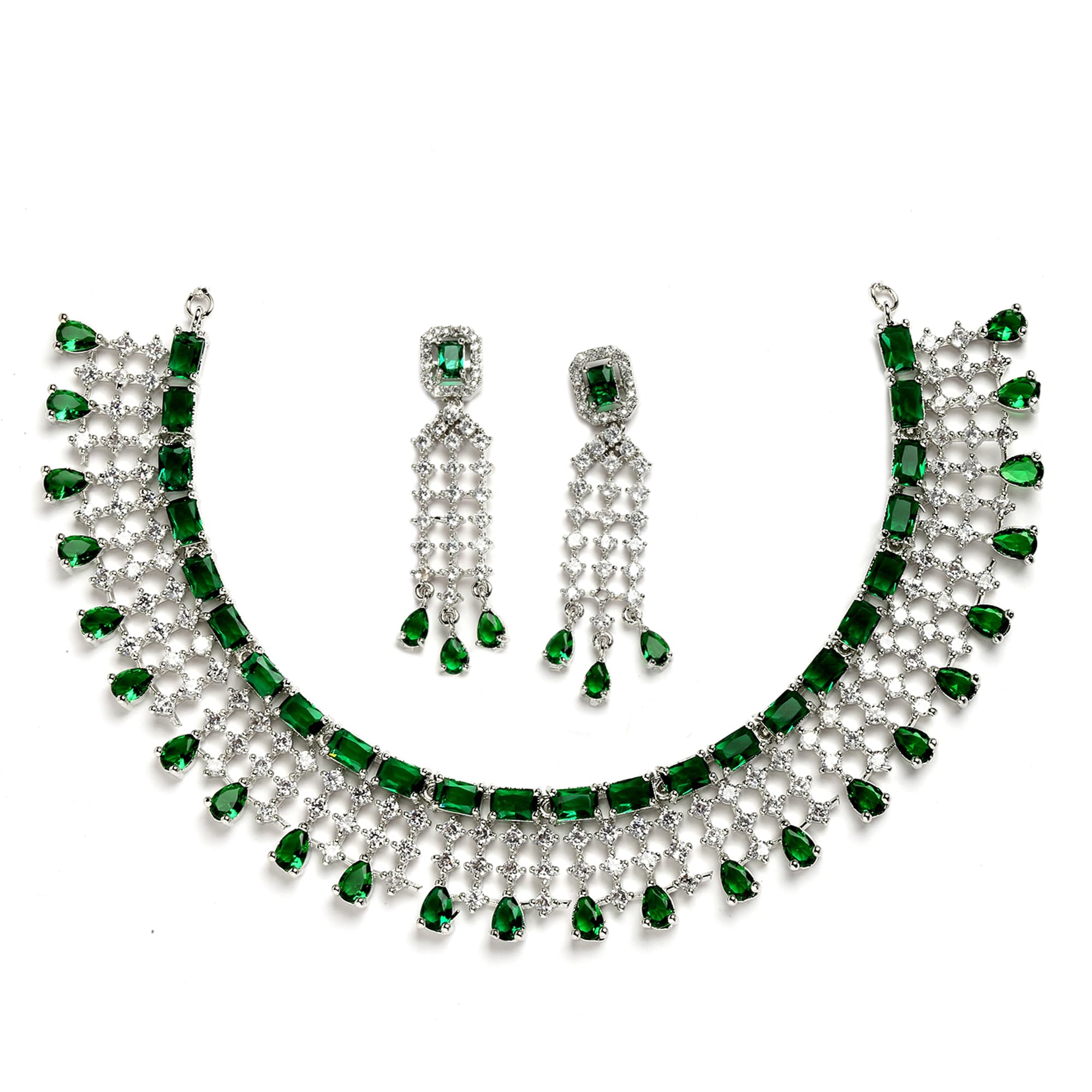 ZENEME Jewellery American Diamond Floral Design Choker Necklace Set With Earring For Women and Girls (Green Rhodium)